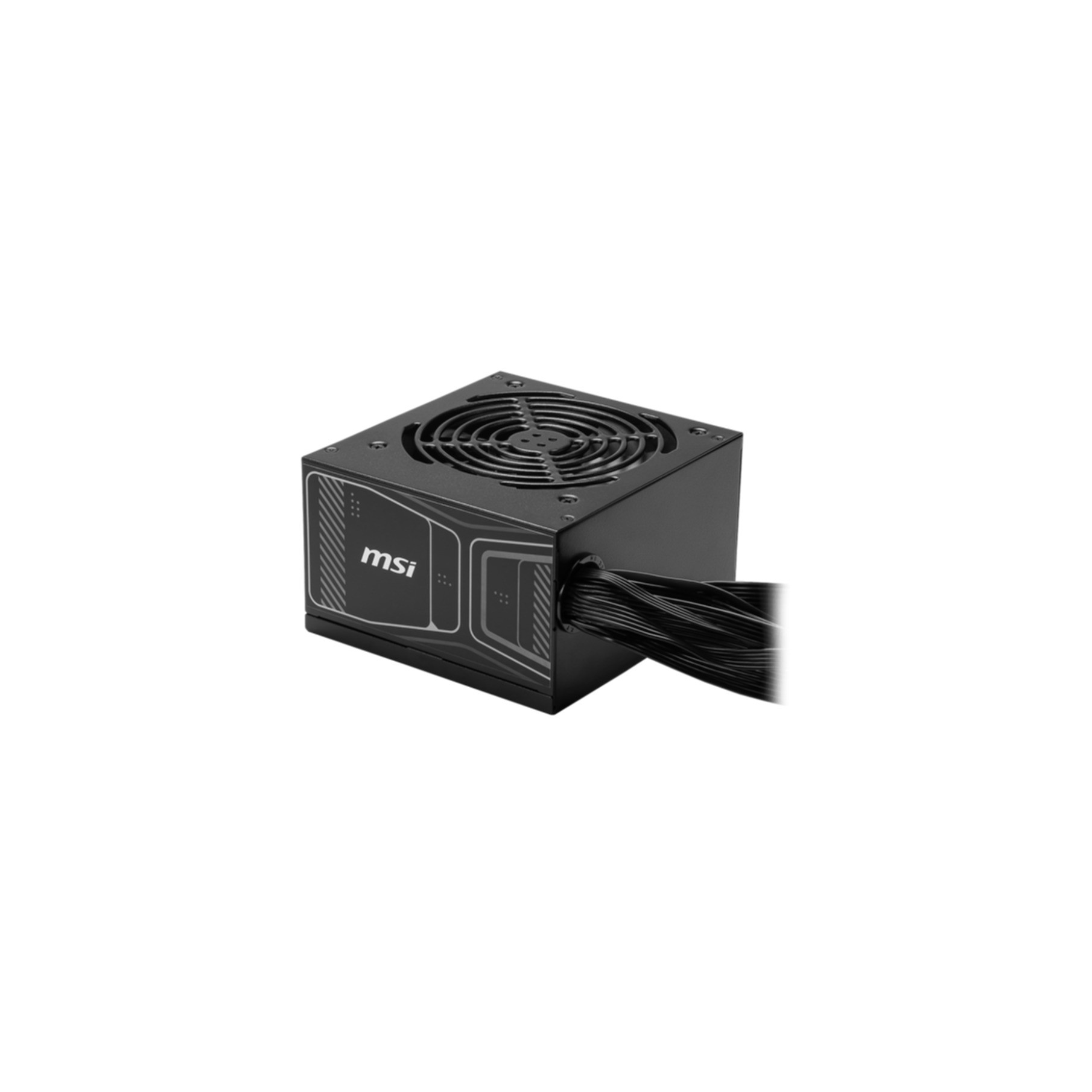 Black computer power supply unit with fan on top and cables.