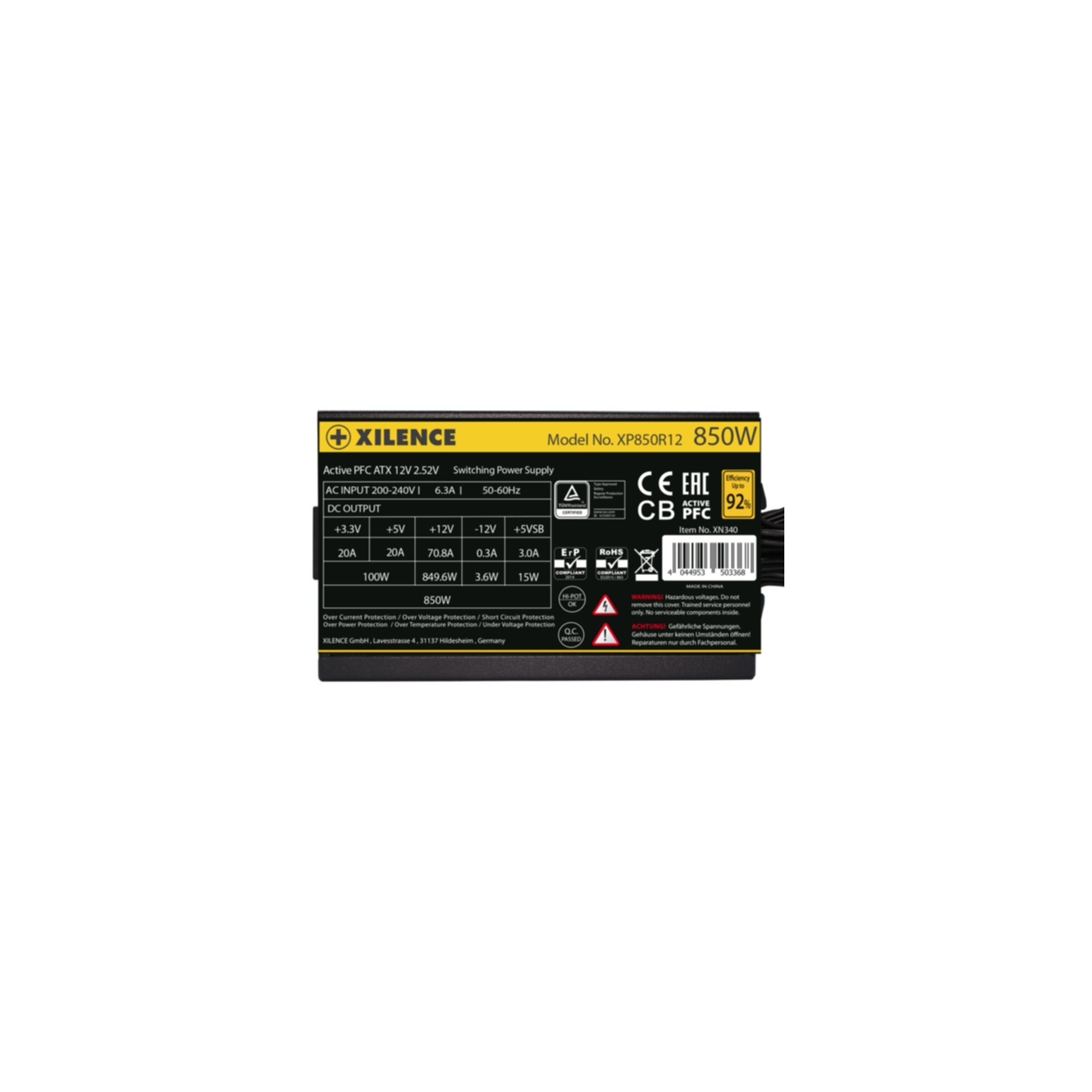 Zasilacz Xilence: XP850R12, 850W, Active PFC, ATX, 200-240V AC, różne wyjścia DC.