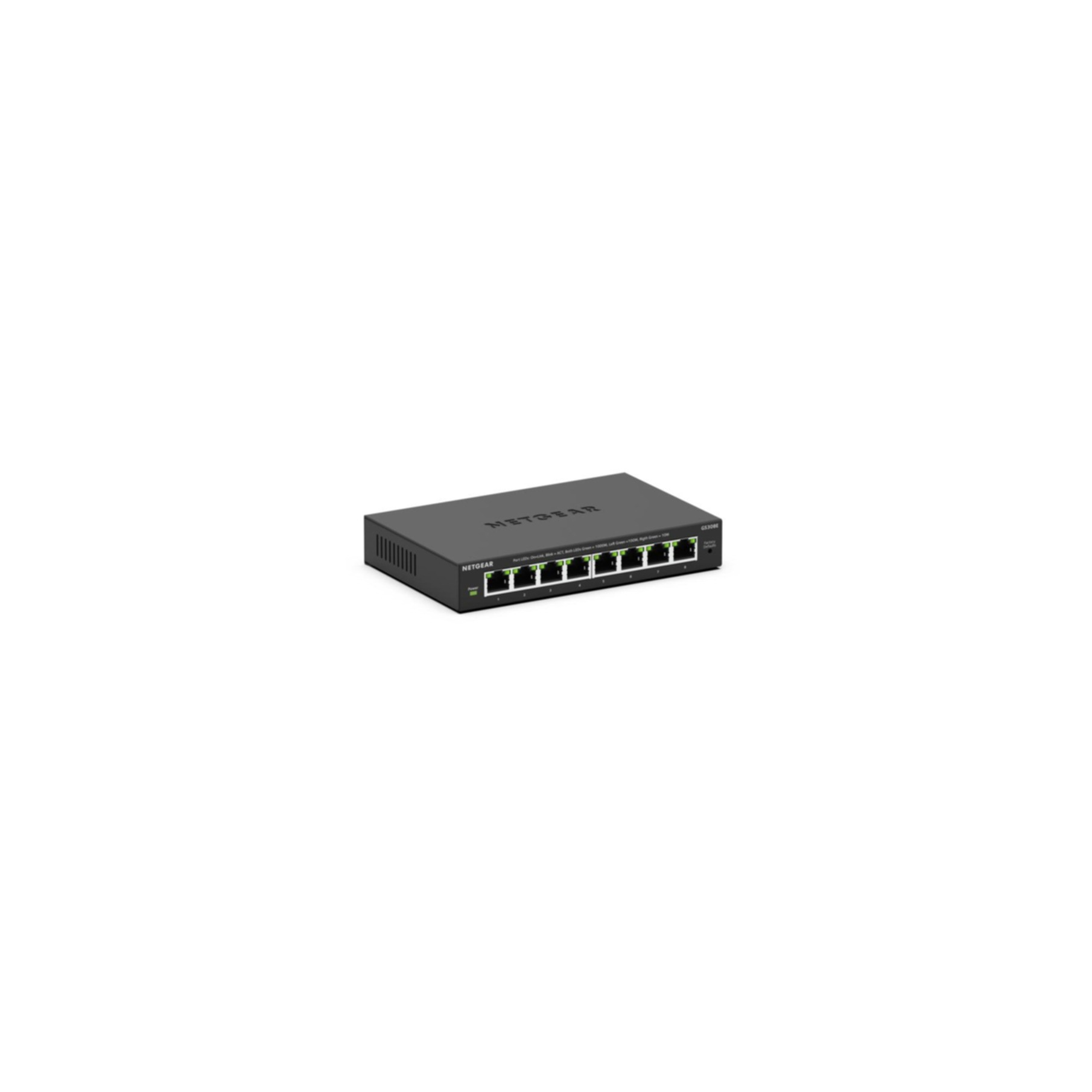 Un switch réseau noir à 8 ports avec évents latéraux et ports avant.
