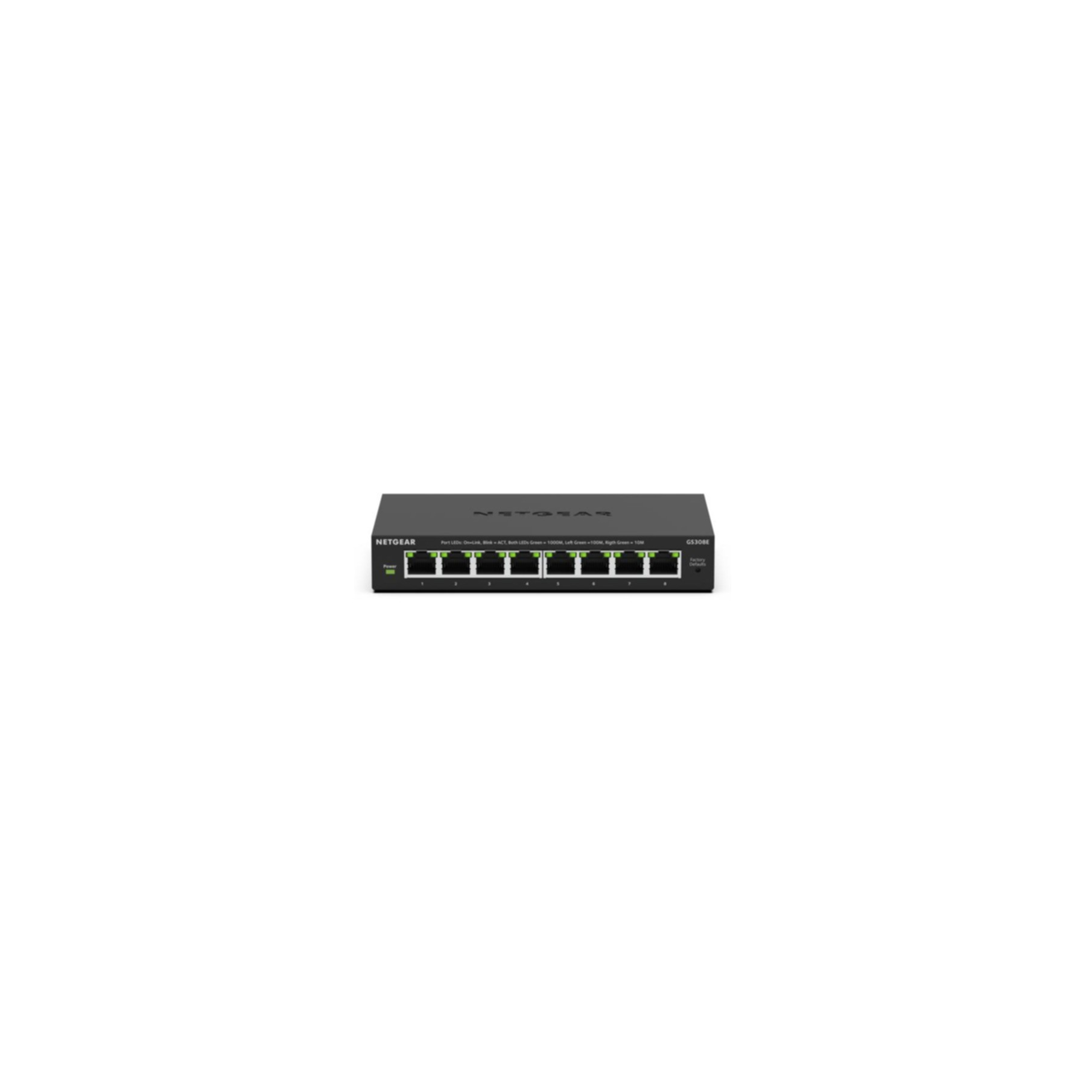 Un switch Ethernet Gigabit Netgear GS308E noir 8 ports avec LED vertes.