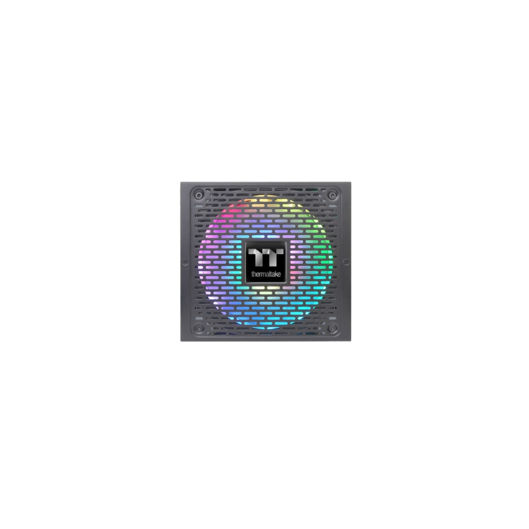 Czarny zasilacz z podświetlanym wentylatorem RGB.