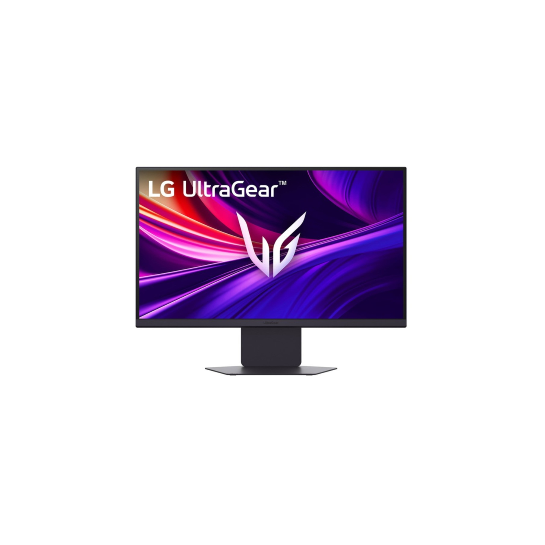 Czarny monitor LG UltraGear z abstrakcyjnym, kolorowym tłem.