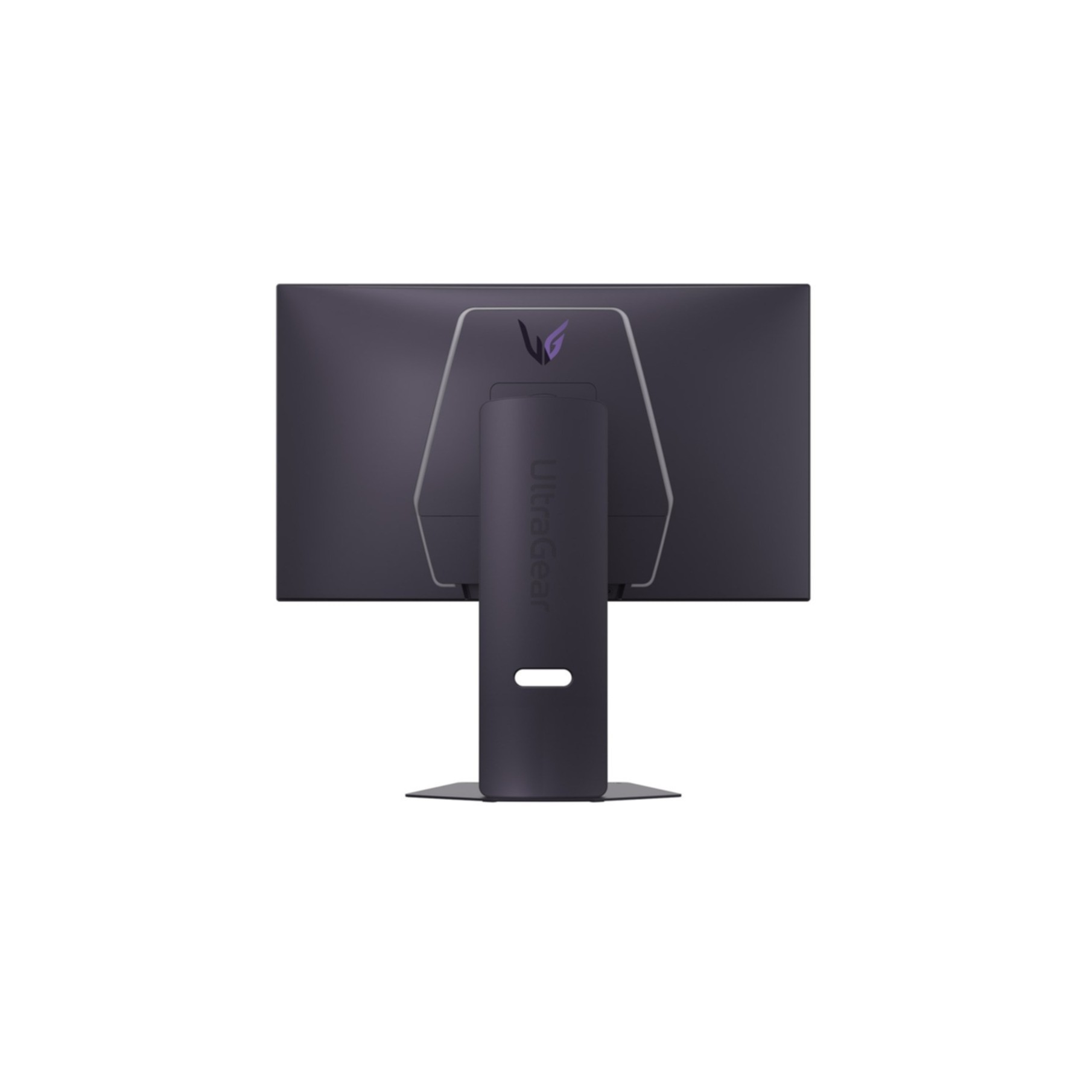 Tył czarnego monitora z logo LG UltraGear i podstawką.