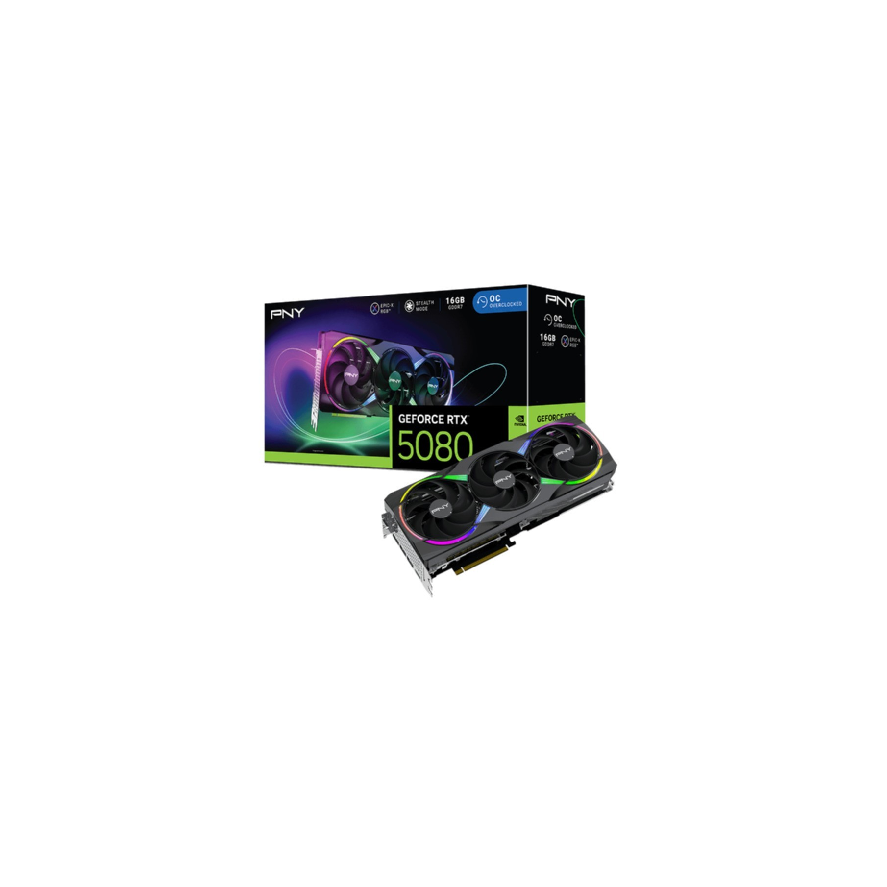 Karta graficzna PNY GeForce RTX 5080 z trzema wentylatorami i oświetleniem RGB obok pudełka.