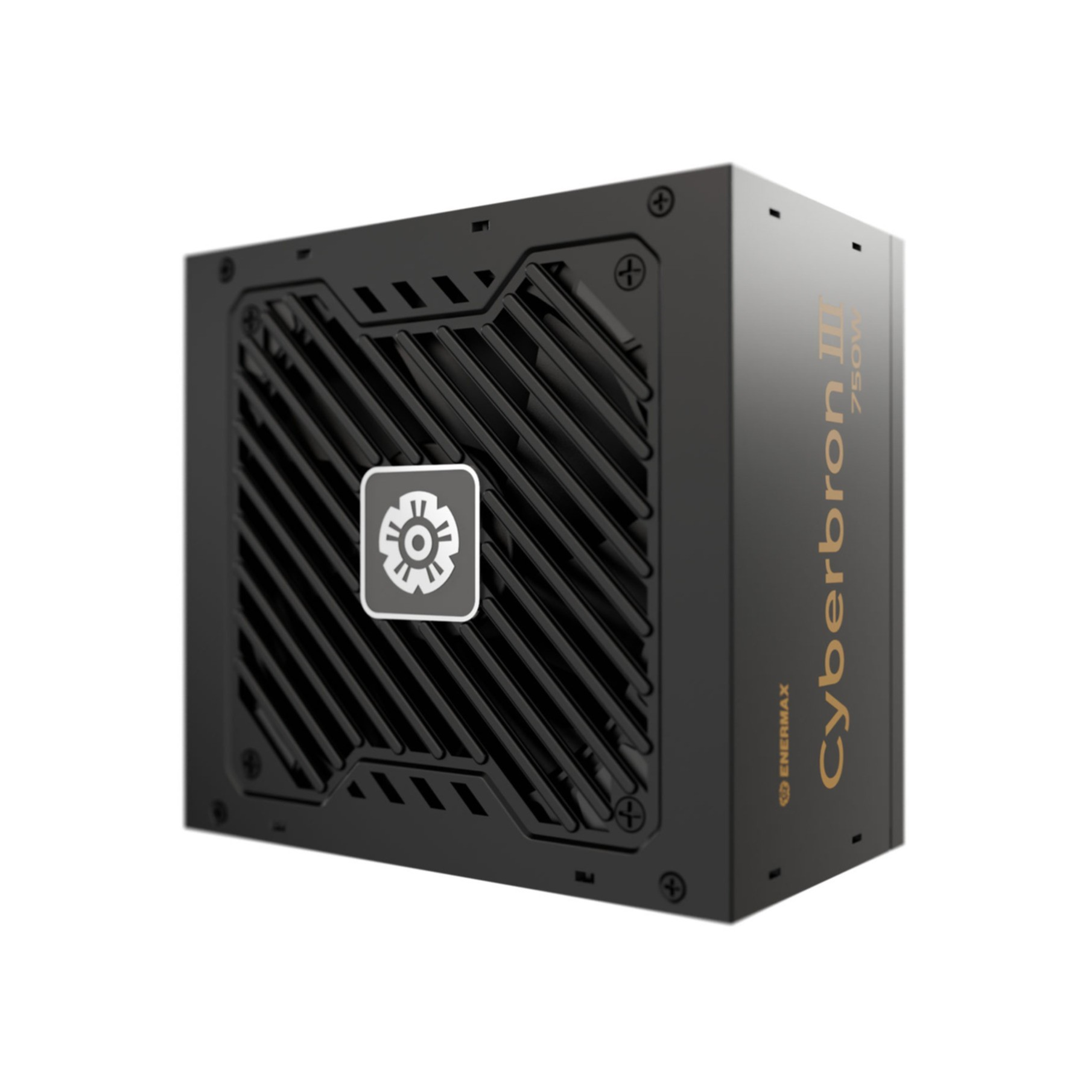 Black power supply with fan grille and silver logo. Text "Cyberbron III 750W".