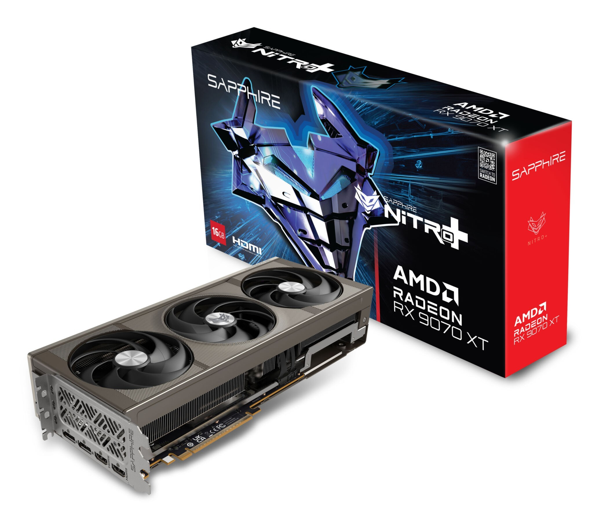 Karta graficzna Sapphire AMD Radeon RX 9070 XT i pudełko na białym tle.