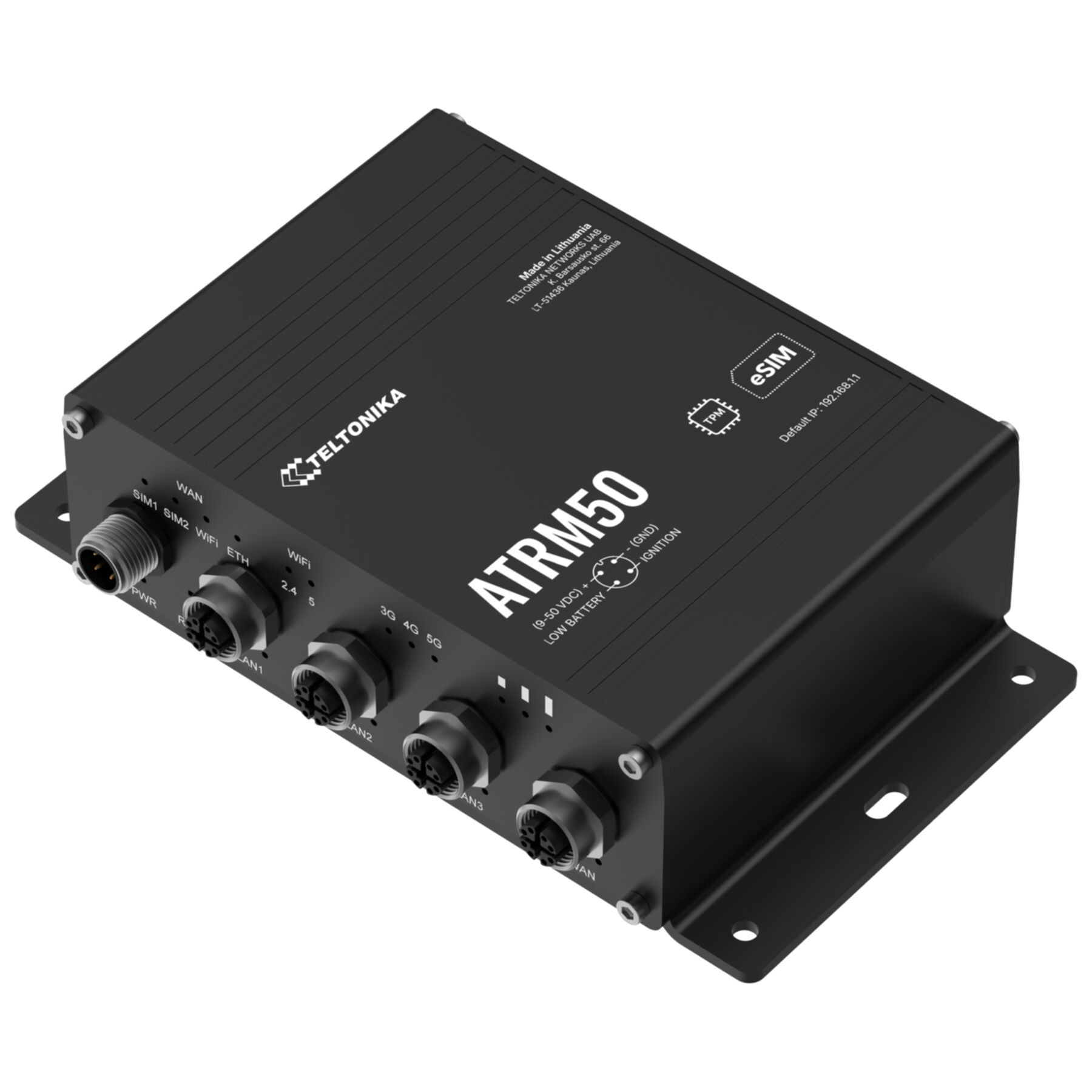 Zwart Teltonika ATRM50 apparaat met SIM-, WiFi-, ETH-, WAN-, stroom- en contactpoorten.