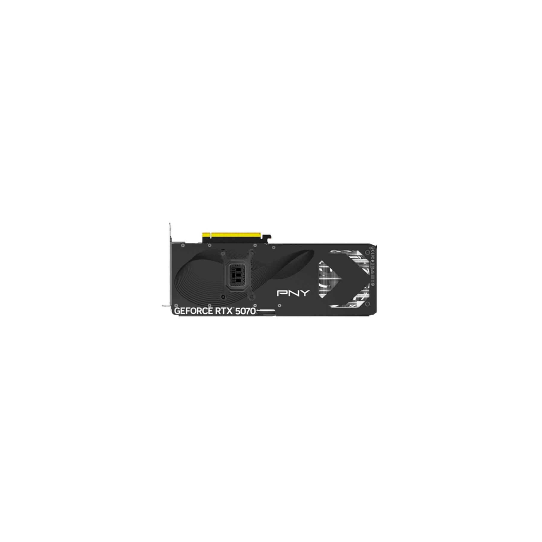 Rückseite einer PNY GeForce RTX 5070 Grafikkarte mit Lüftern und Anschlüssen.