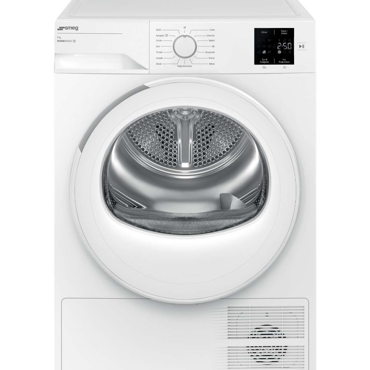 Lavatrice Smeg bianca con display digitale e selettore programmi.