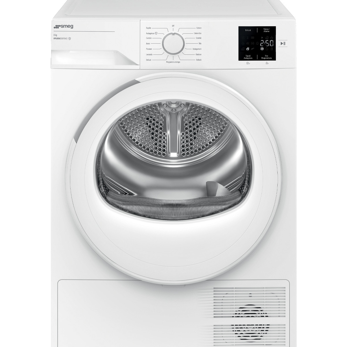Un'asciugatrice Smeg bianca con display digitale e selettore programmi.