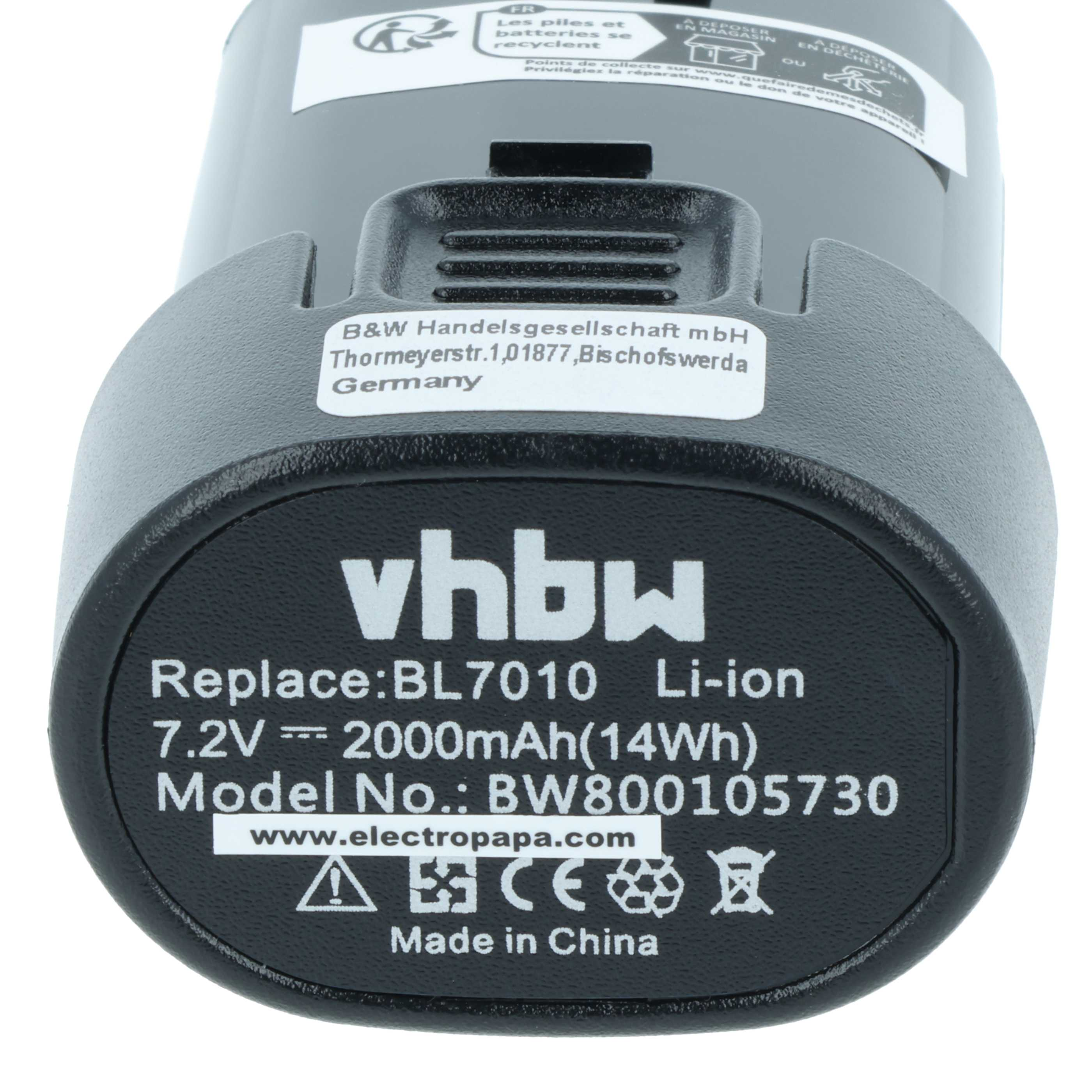 Ein schwarzer Li-Ion-Akku mit Modellnummer BW800105730 und 7,2V.