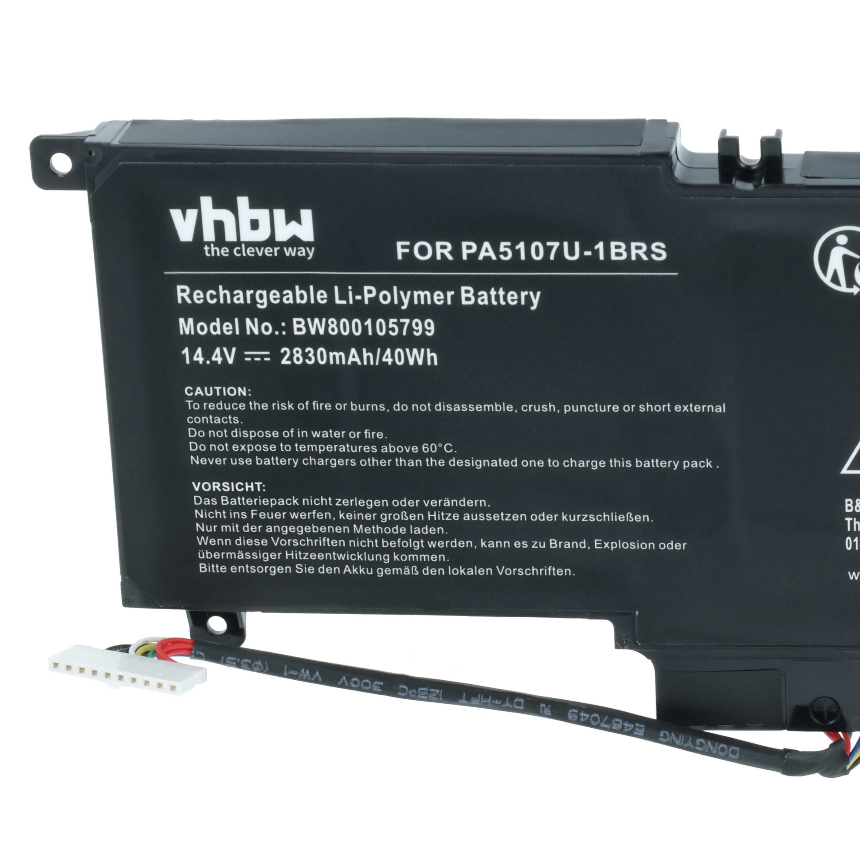 Schwarzer Laptop-Akku mit Aufschriften: vhbw, PA5107U-1BRS, 14.4V.