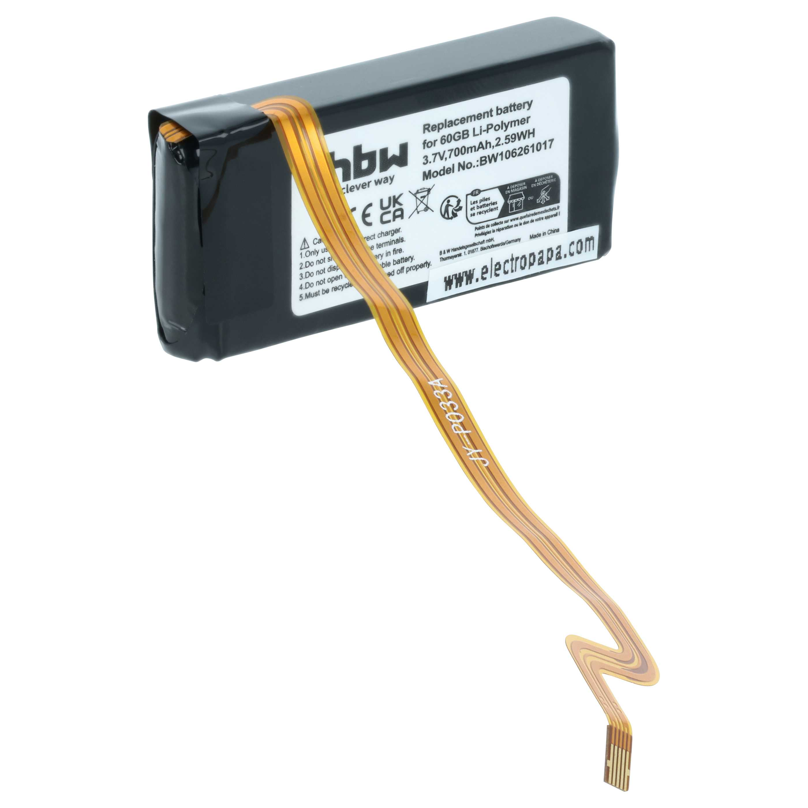 Ein schwarzer Li-Polymer-Akku mit Flachbandkabel und Beschriftung, auf weißem Hintergrund.