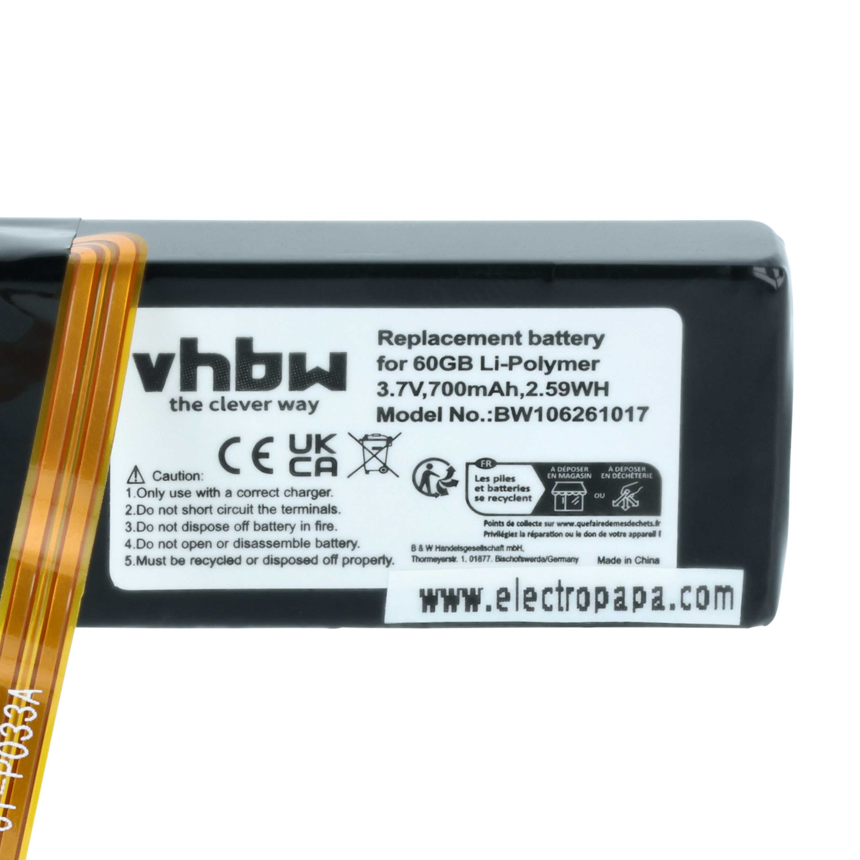 Ersatzakku Vhbw 3,7V 700mAh Li-Polymer, Modell BW106261017. Made in China.