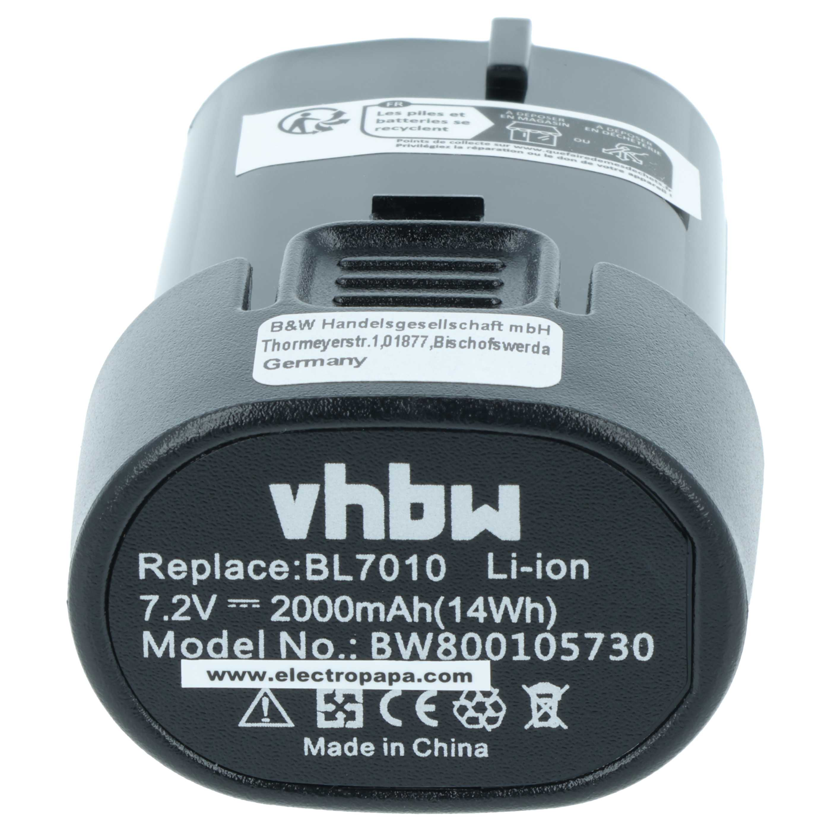 Schwarzer Lithium-Ionen-Akku mit Aufdruck: vhbw, 7.2V, 2000mAh.