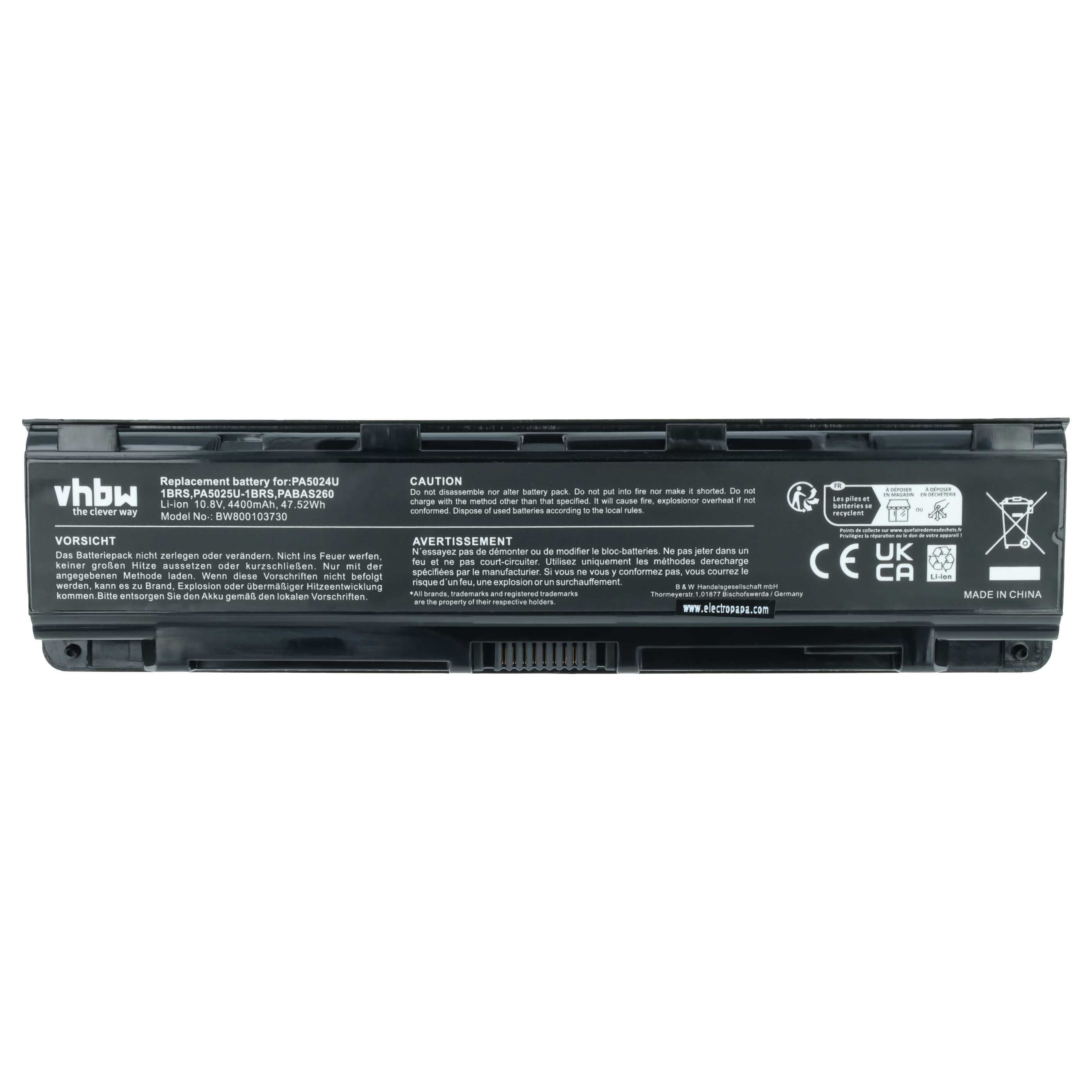 vhbw Ersatzakku für PA5024U, PA5025U-1BRS, PABAS260. Li-ion 10.8V, 4400mAh.