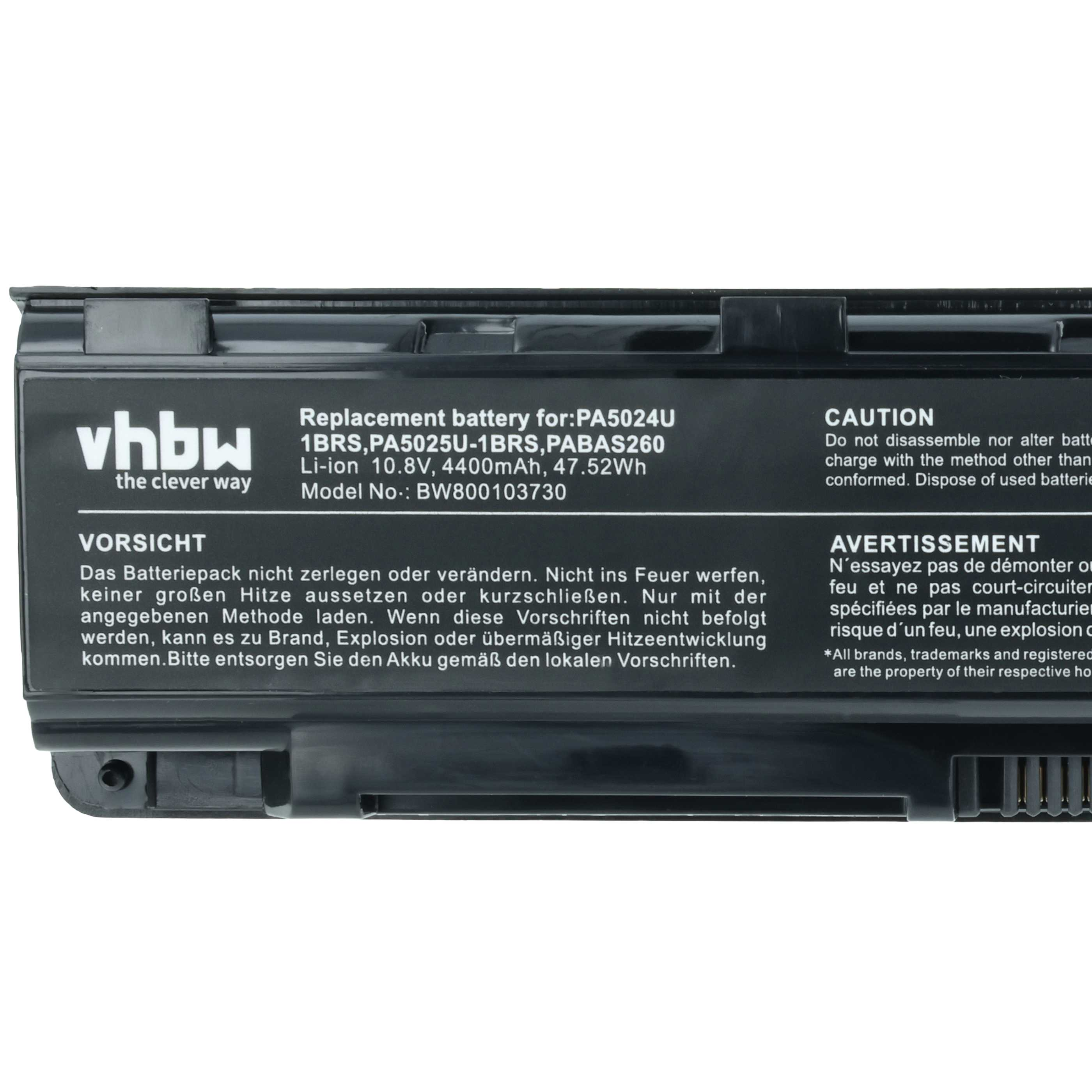 Schwarzer Laptop-Akku mit Aufschriften: vhbw, Caution, Vorsicht, Avertissement.