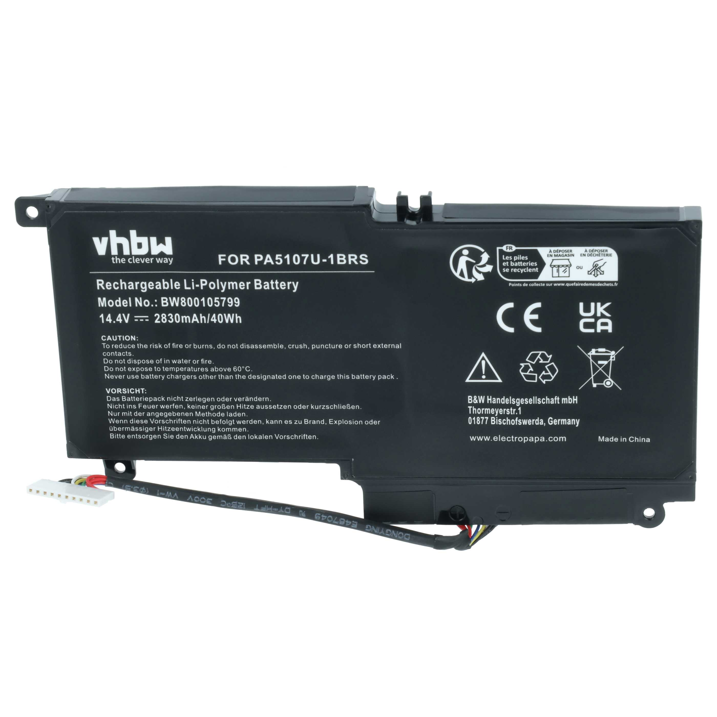 Schwarzer Li-Polymer Akku mit Modellnummer BW800105799 und 14.4V.