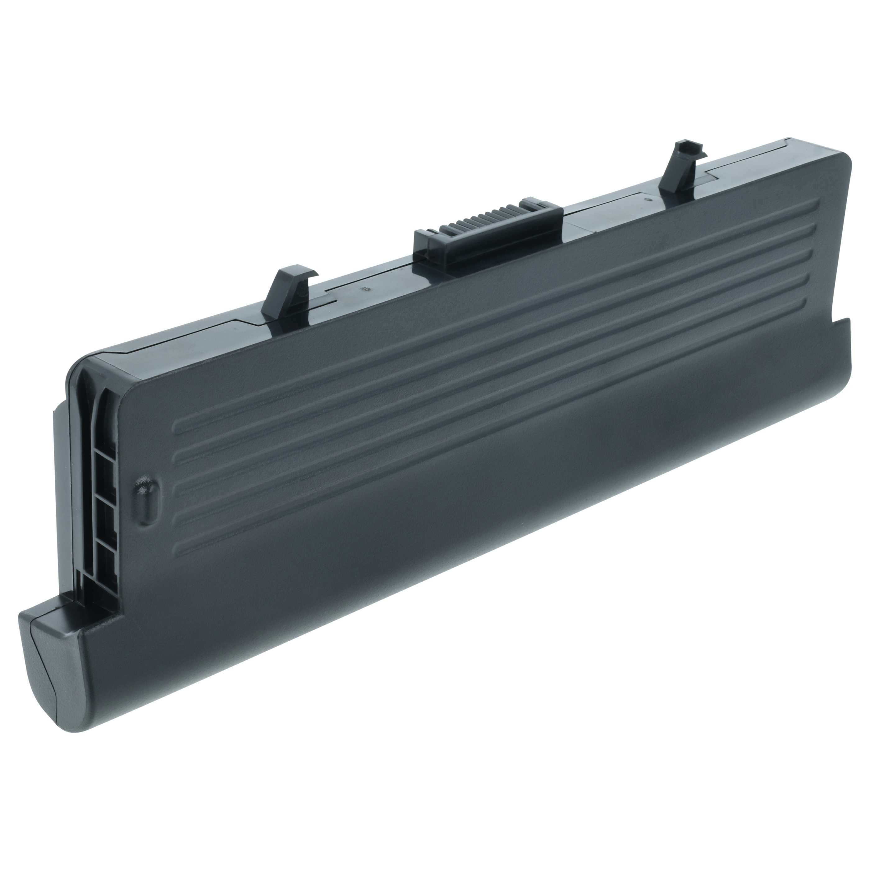 Schwarzer Laptop-Akku mit gerillter Oberfläche und Verriegelungsmechanismus.