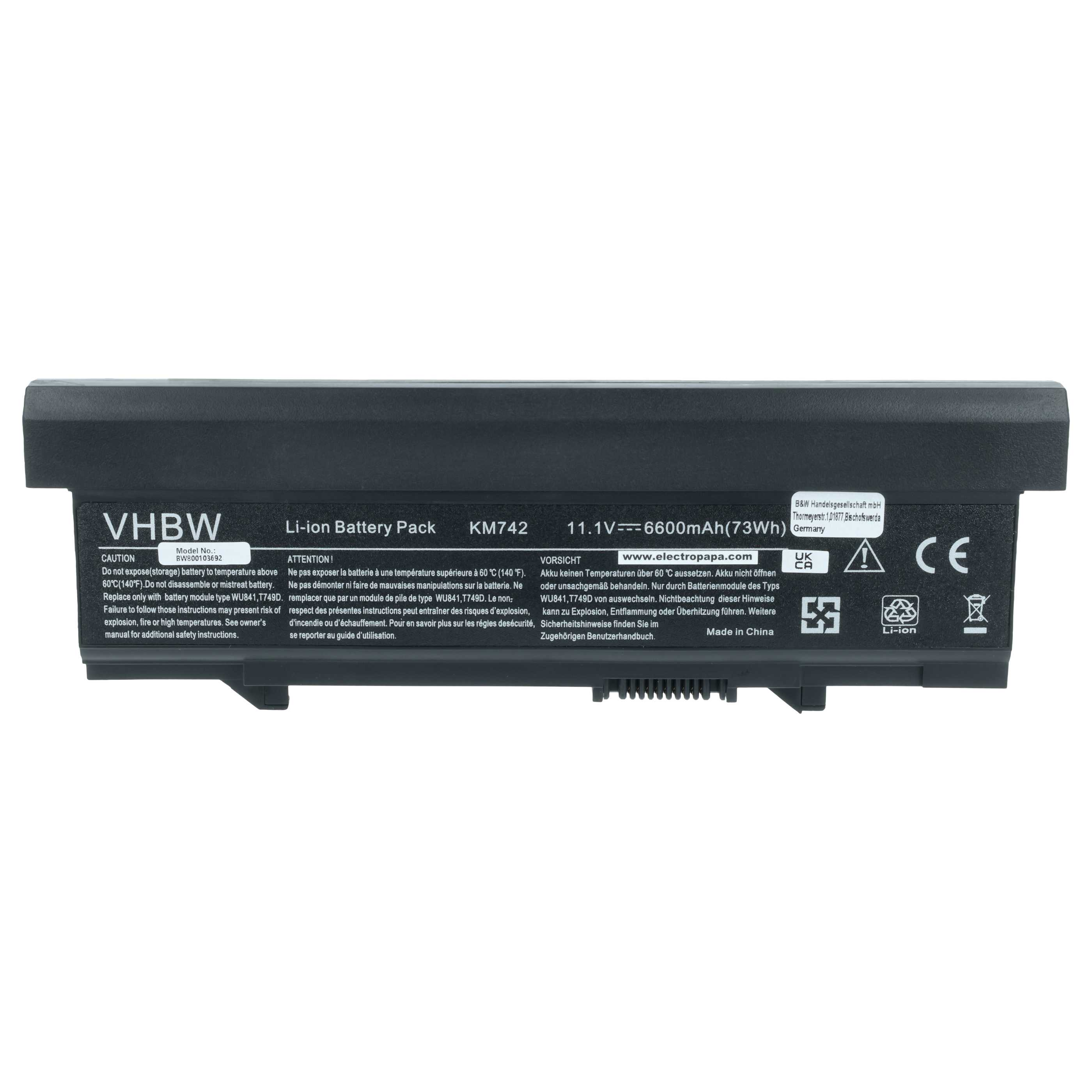 Schwarzer VHBW Li-Ion Akku KM742, 11.1V 6600mAh, Made in China.