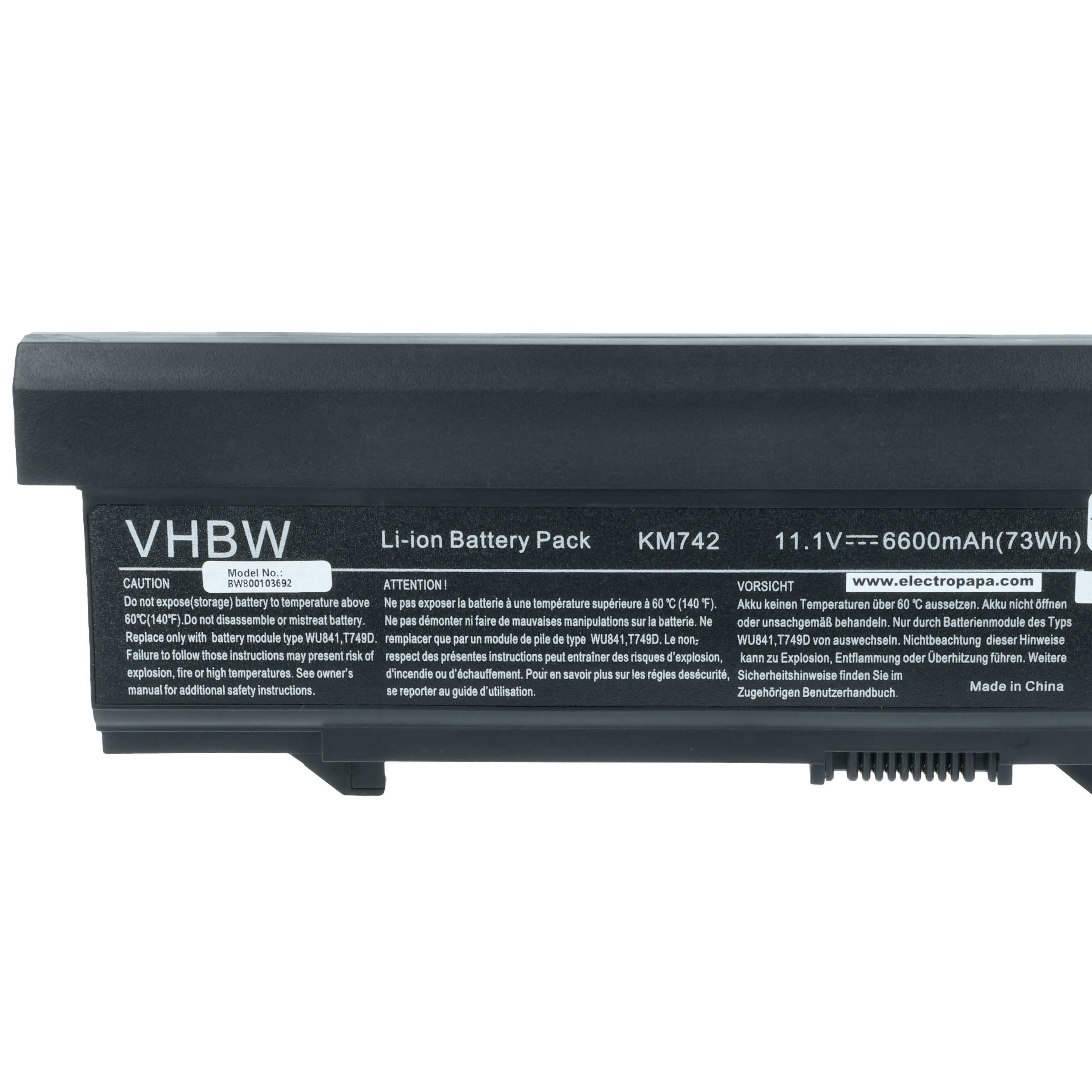 Ein schwarzer Li-Ion-Akku mit Aufschriften: VHBW, KM742, 11.1V 6600mAh.