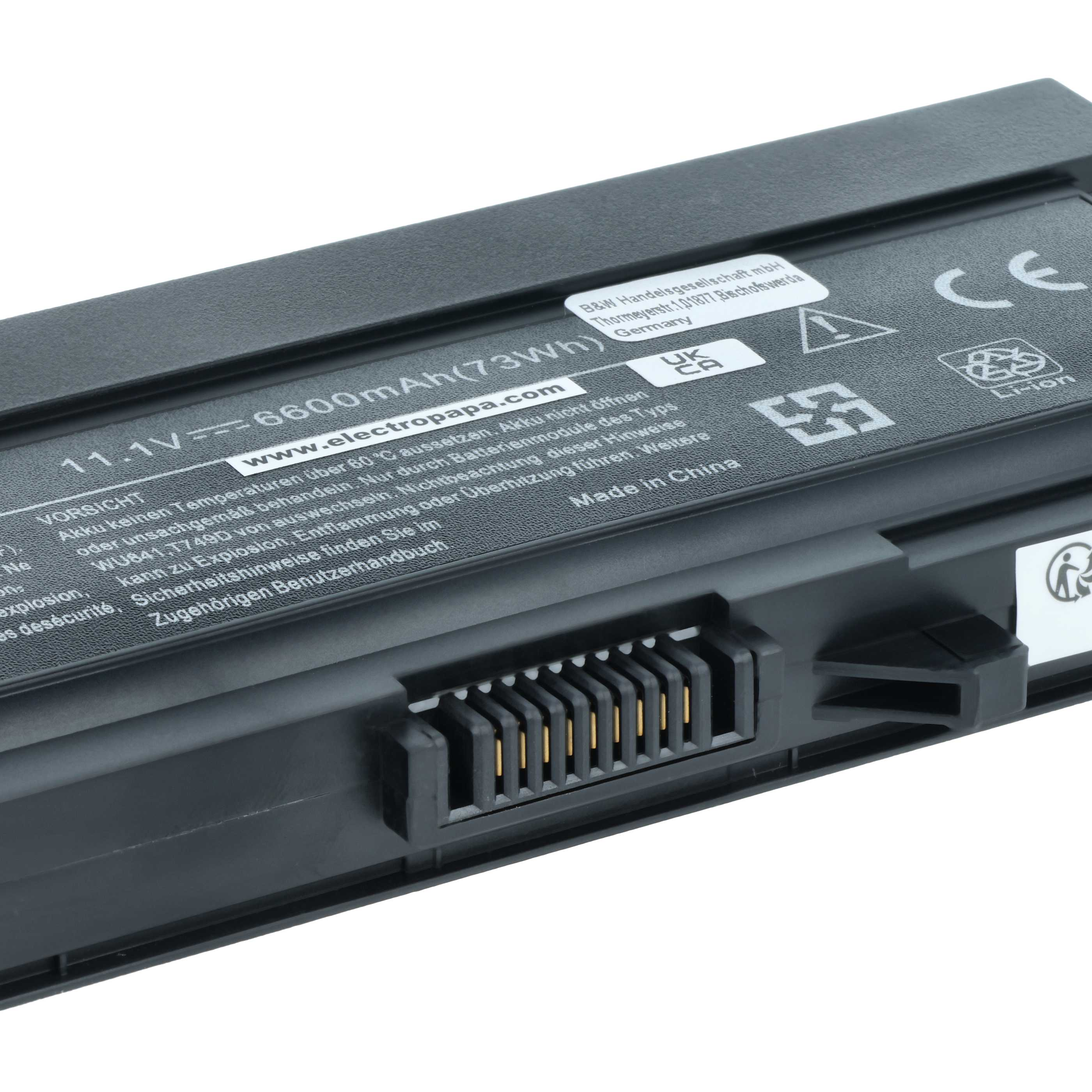 Ein schwarzer Laptop-Akku mit 11,1V, 6600mAh (73Wh) und sichtbaren Kontakten.