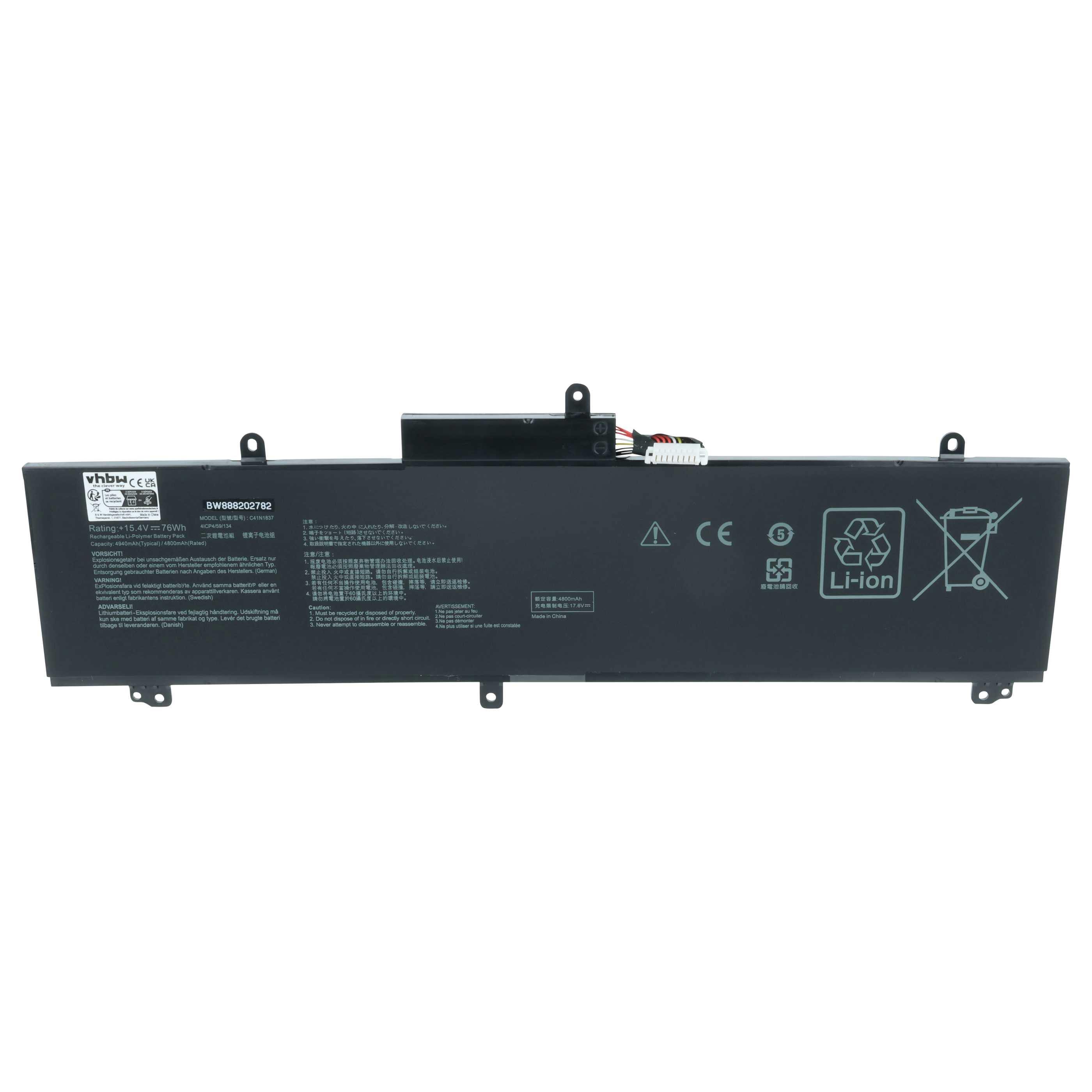 Ein schwarzer Li-Ion-Akku mit technischen Daten und Warnhinweisen.