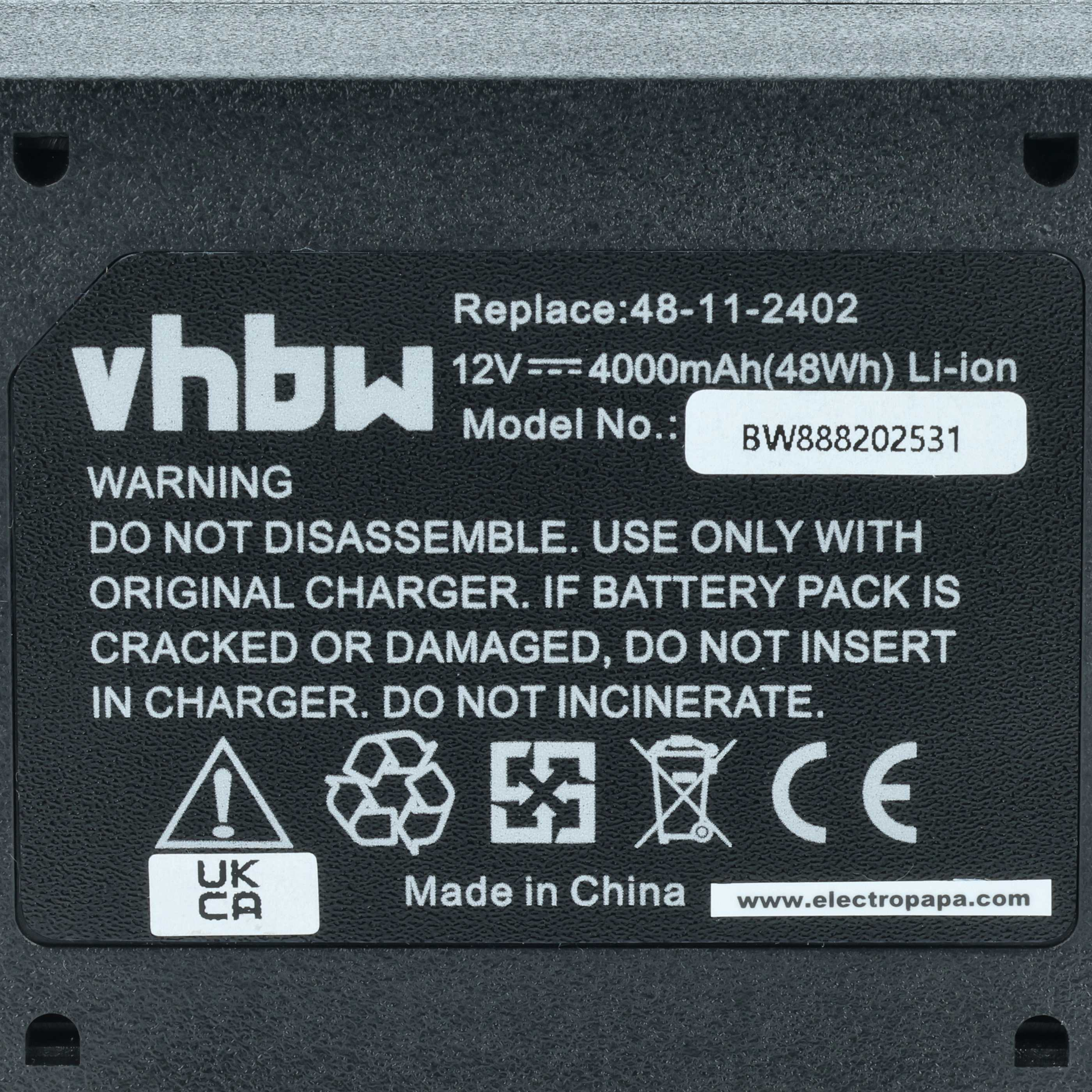 Schwarzer Akku mit vhbw Logo, Spezifikationen, Warnungen und CE-Zeichen.
