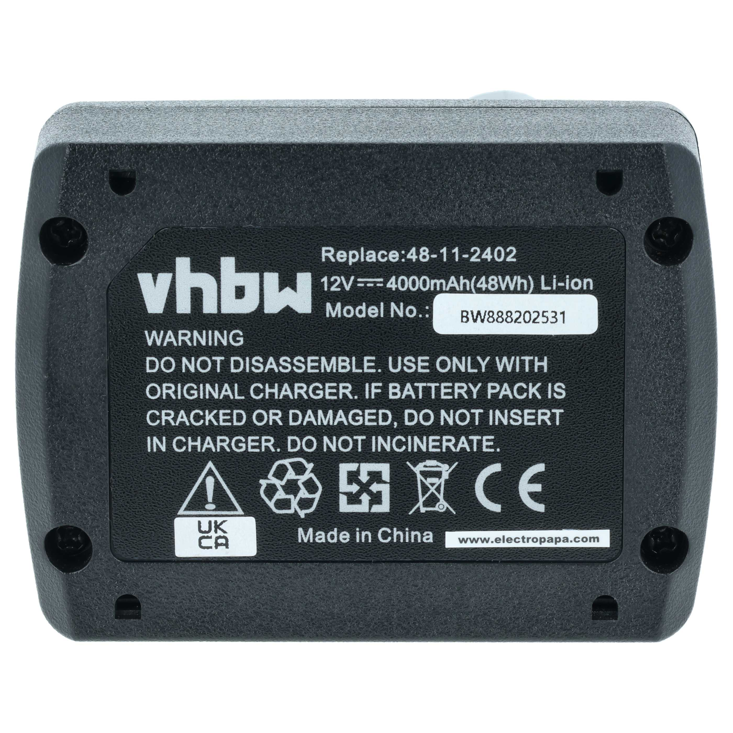 Schwarzer Akku mit weißen Aufdrucken: vhbw, 12V, 4000mAh, Li-ion, Warnhinweise.