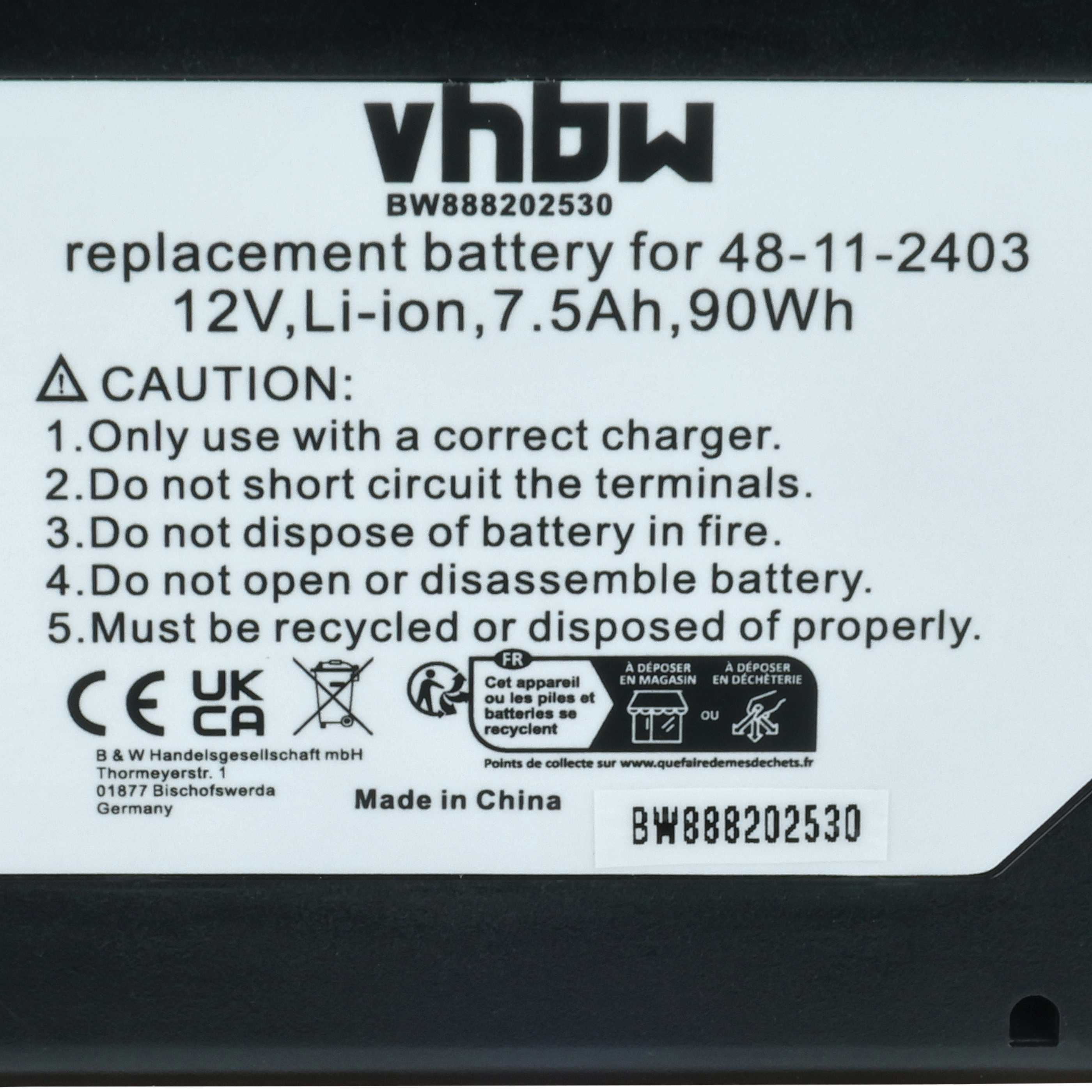 Ersatzakku für 48-11-2403, 12V Li-Ion, 7.5Ah, 90Wh, mit Warnhinweisen.