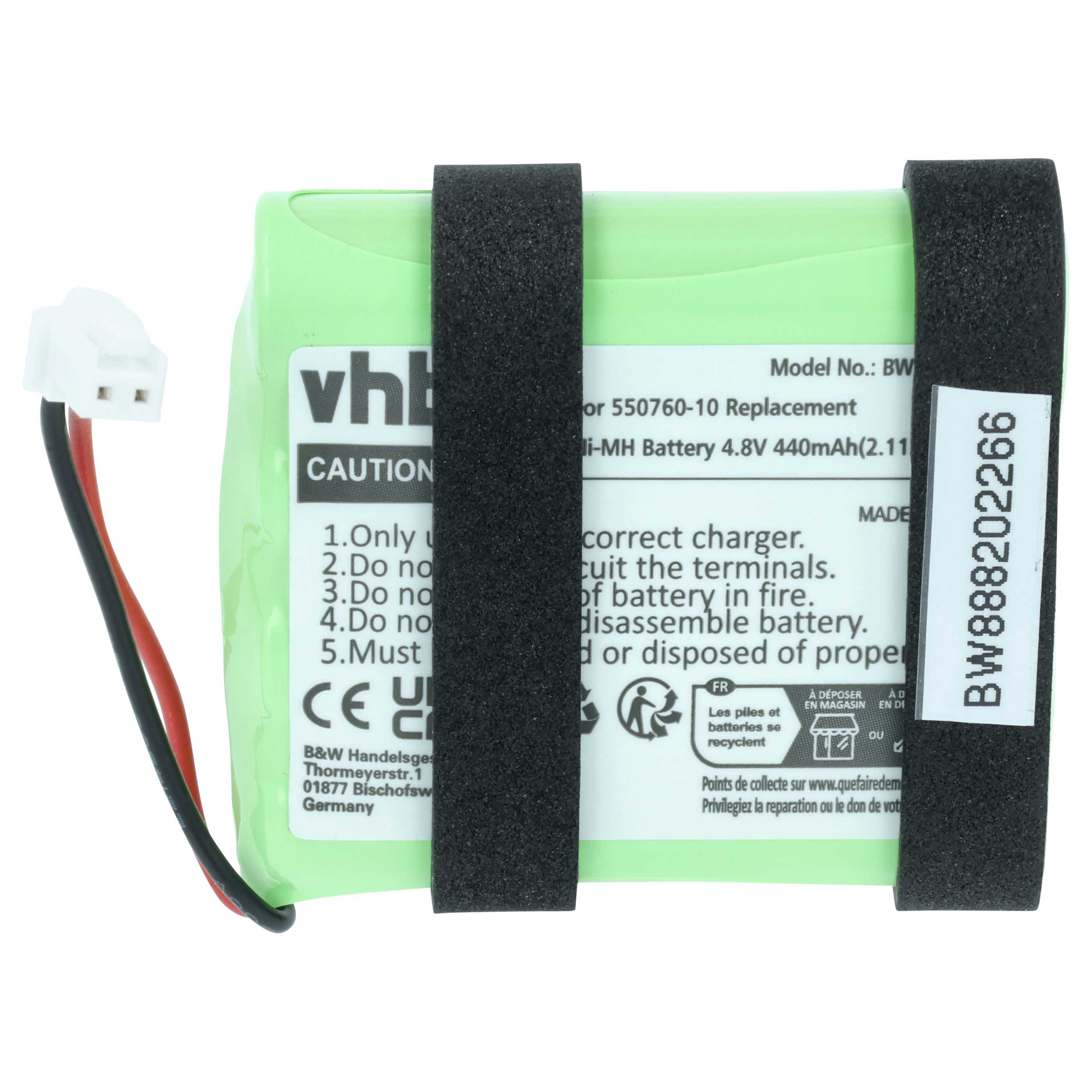 Grüne NiMH-Batterie mit schwarzen Kabeln und Aufklebern. Modell BW888202266.