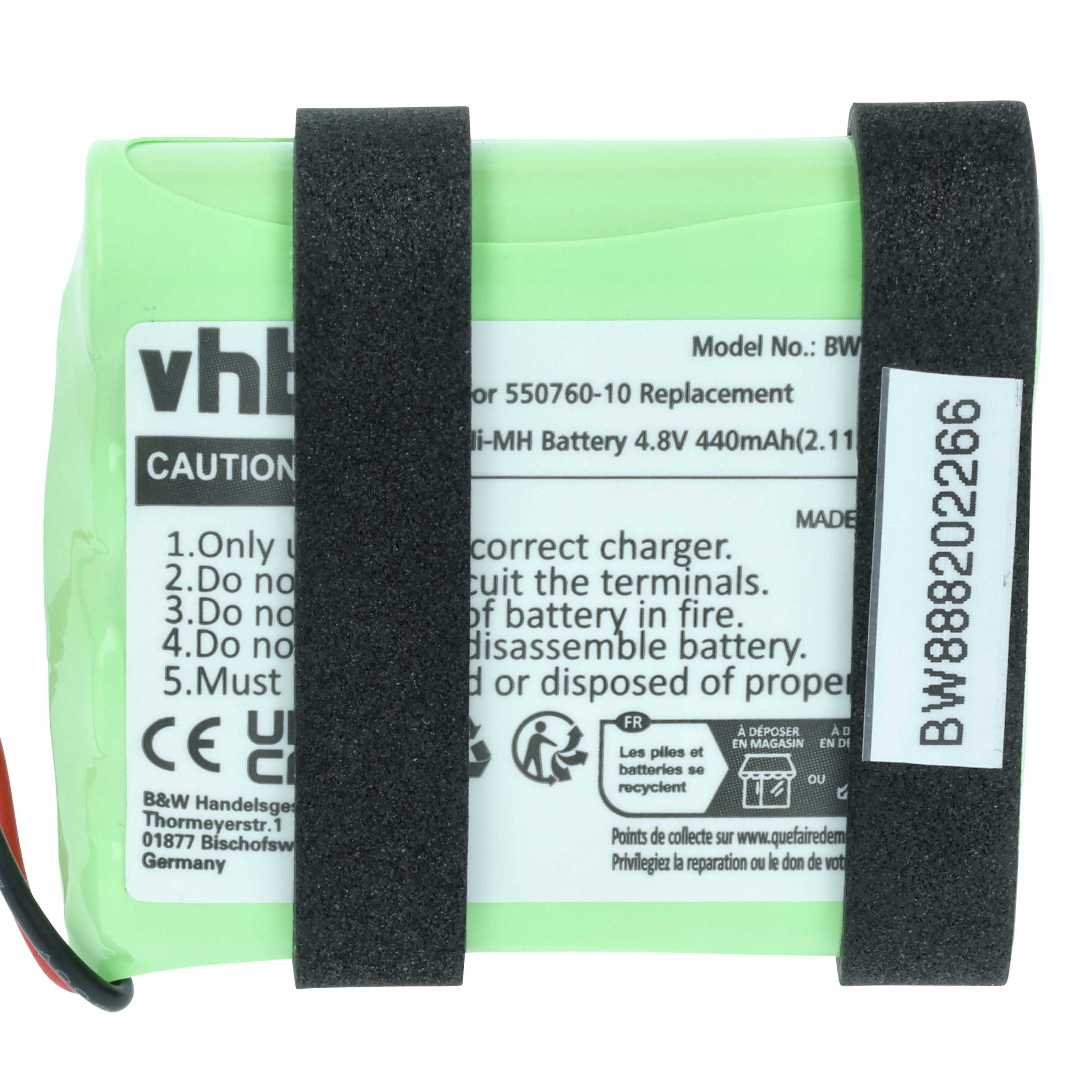 Grüne NiMH-Batterie 4,8V 440mAh mit schwarzen Gurten und Warnhinweisen.