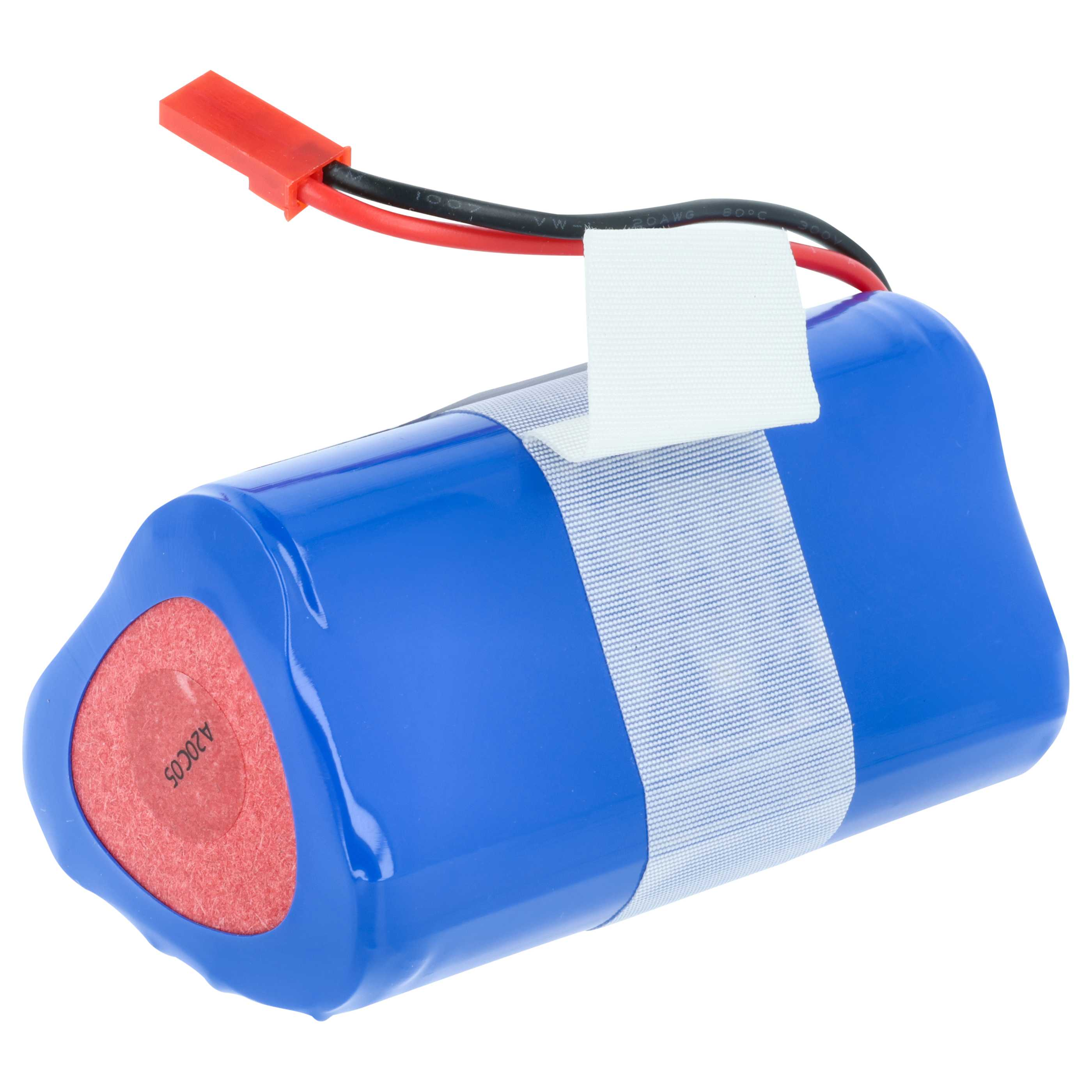 Blauer Akku mit rotem Stecker und Kabeln, auf weißem Hintergrund.