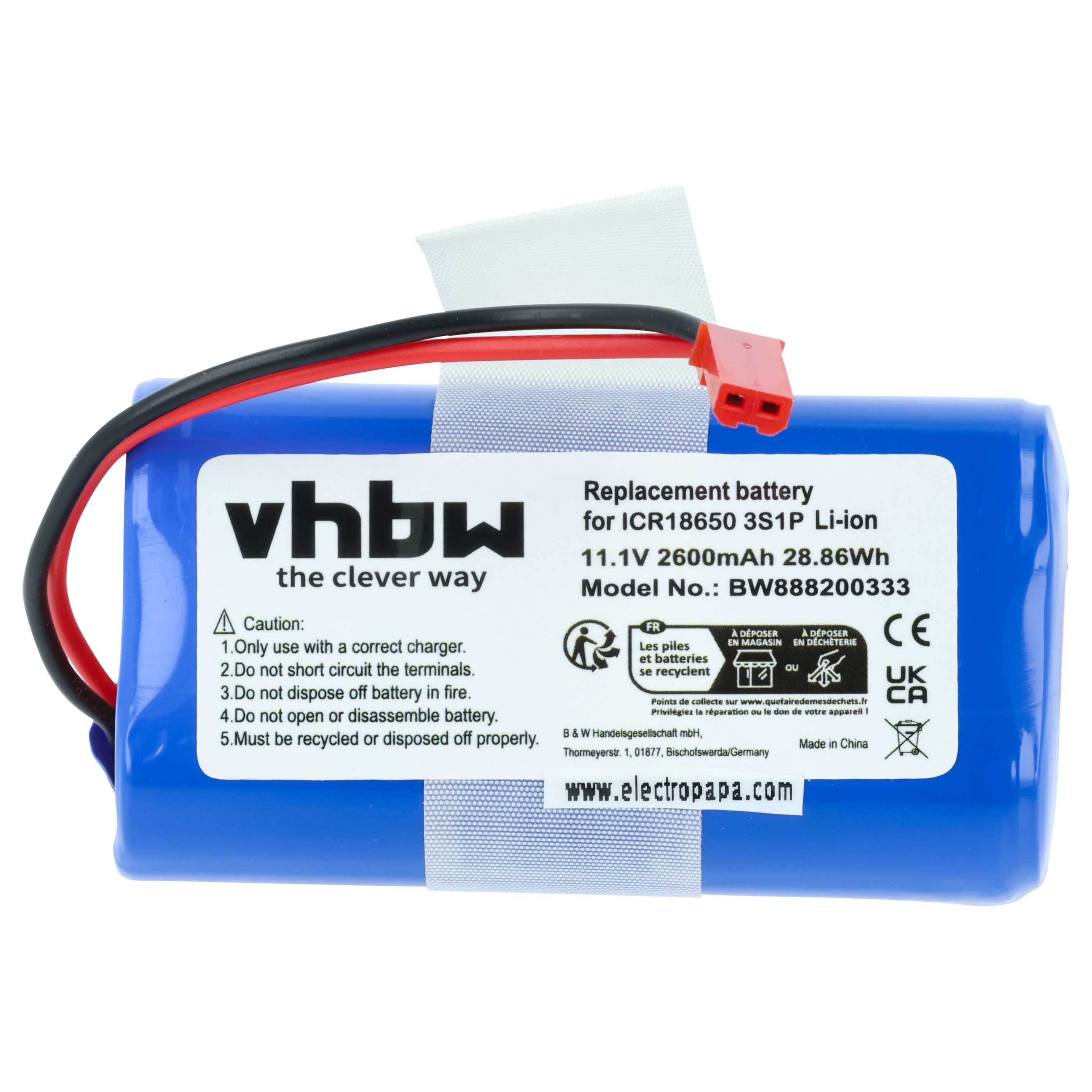 Blauer Li-Ion Akku mit Kabeln und Warnhinweisen. Modell: 11.1V 2600mAh.