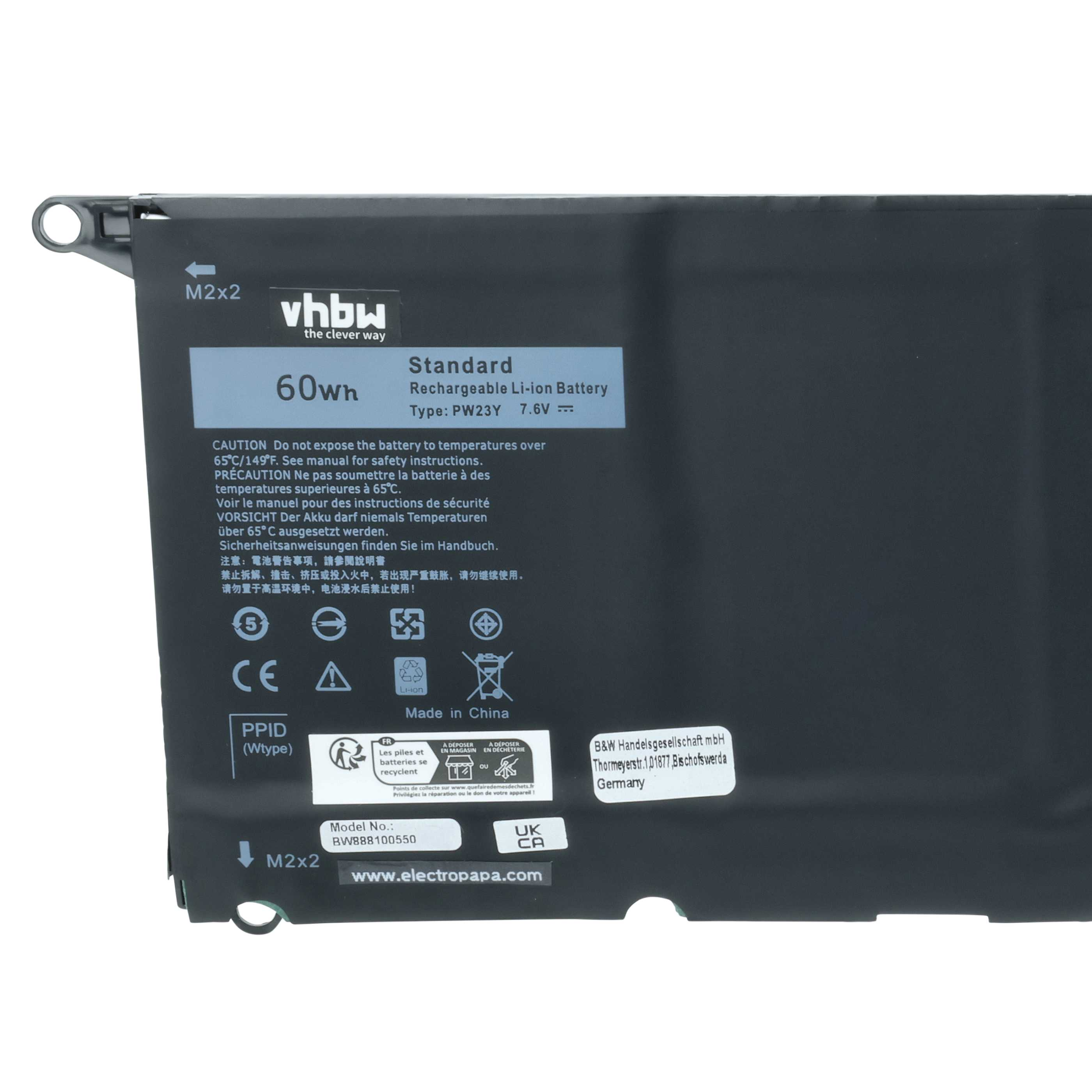Ein schwarzer Laptop-Akku mit Beschriftungen wie "60Wh", "Standard" und "Made in China".