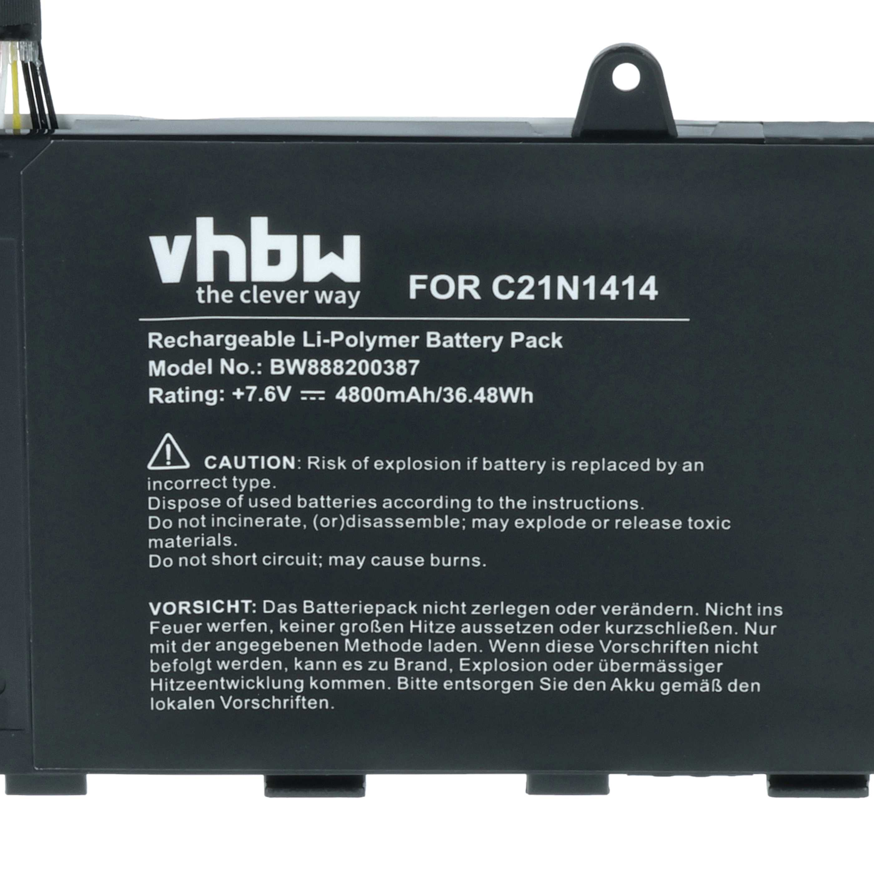 Schwarzer Akku mit vhbw Logo und technischen Daten, Modell C21N1414.