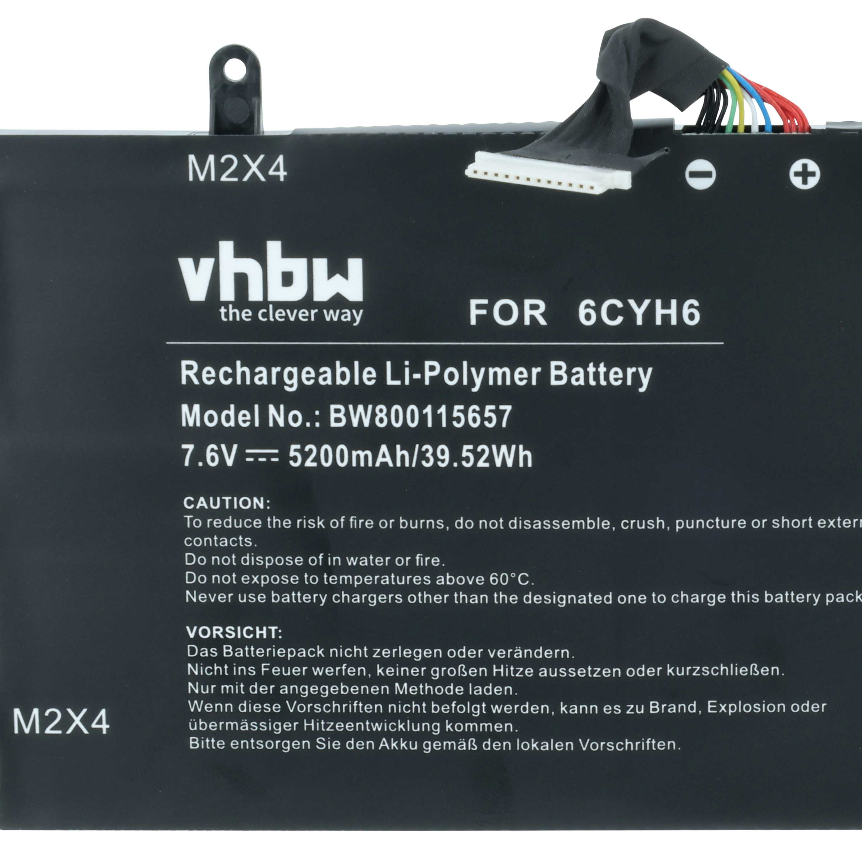 Schwarzer Li-Polymer-Akku mit Kabeln, Beschriftung: vhbw, 7.6V, 5200mAh.