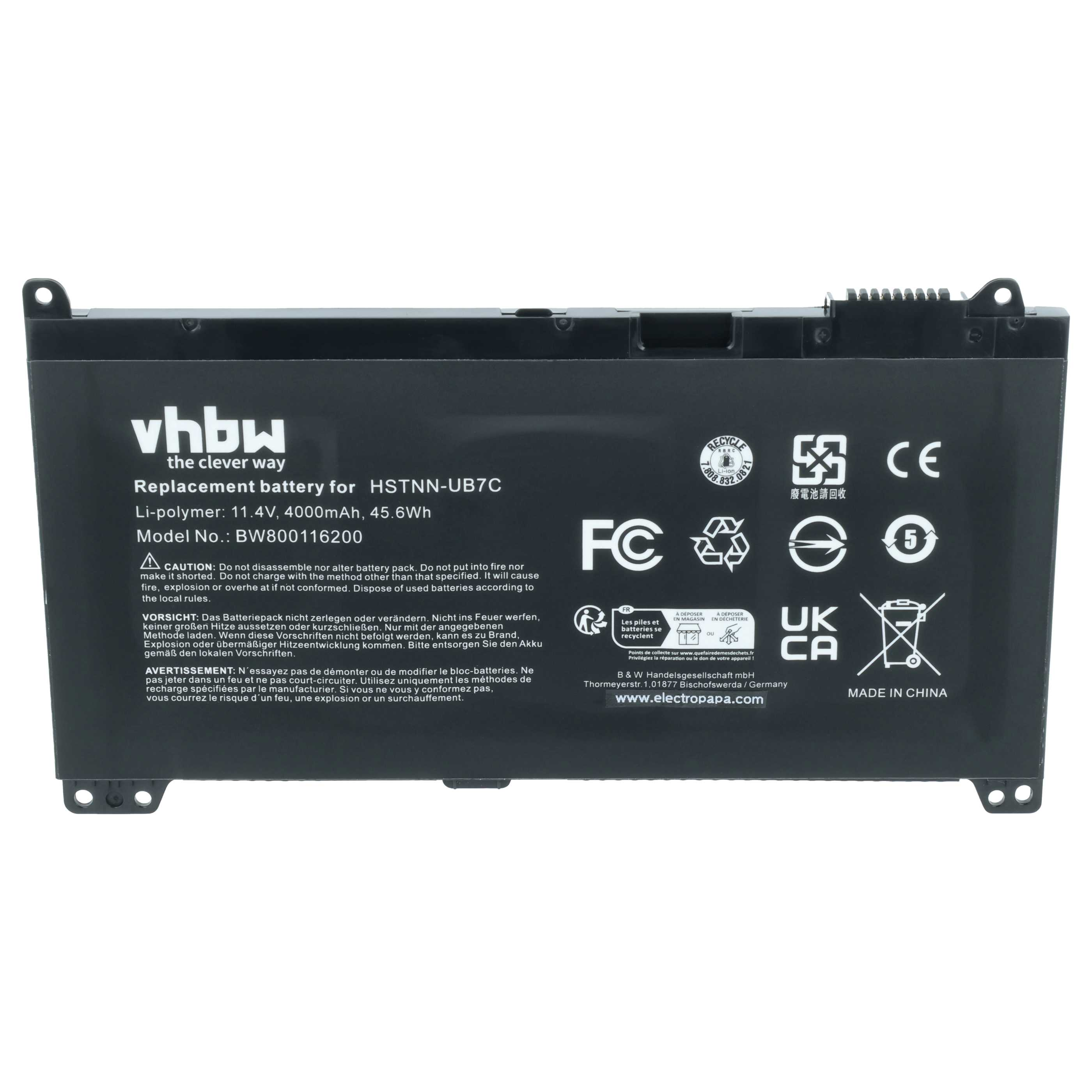 Schwarzer Laptop-Akku mit Aufschriften: vhbw, Modell HSTNN-UB7C, 4000mAh.