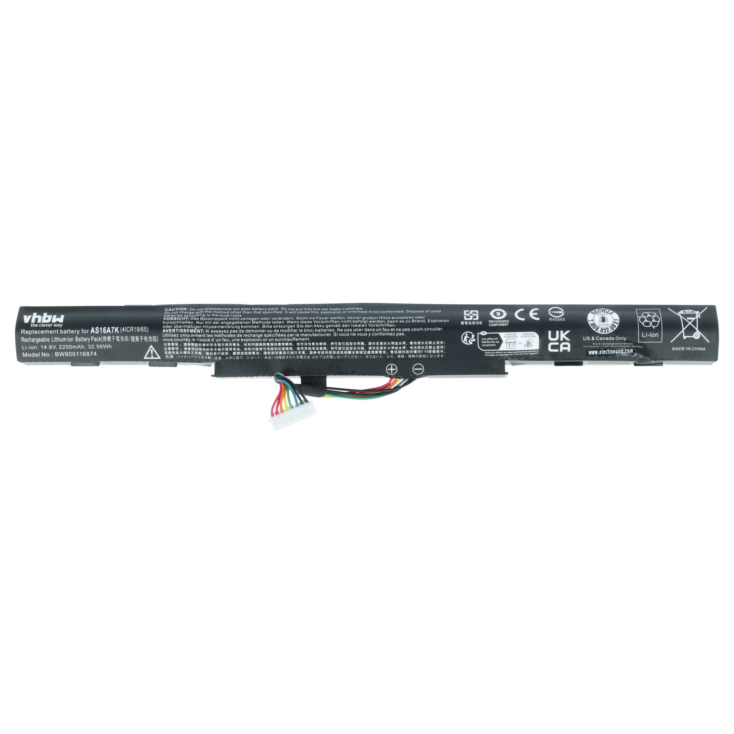 Ein vhbw Laptop-Akku für AS16A7K, Li-ion, 14.8V, 2200mAh, Made in China.