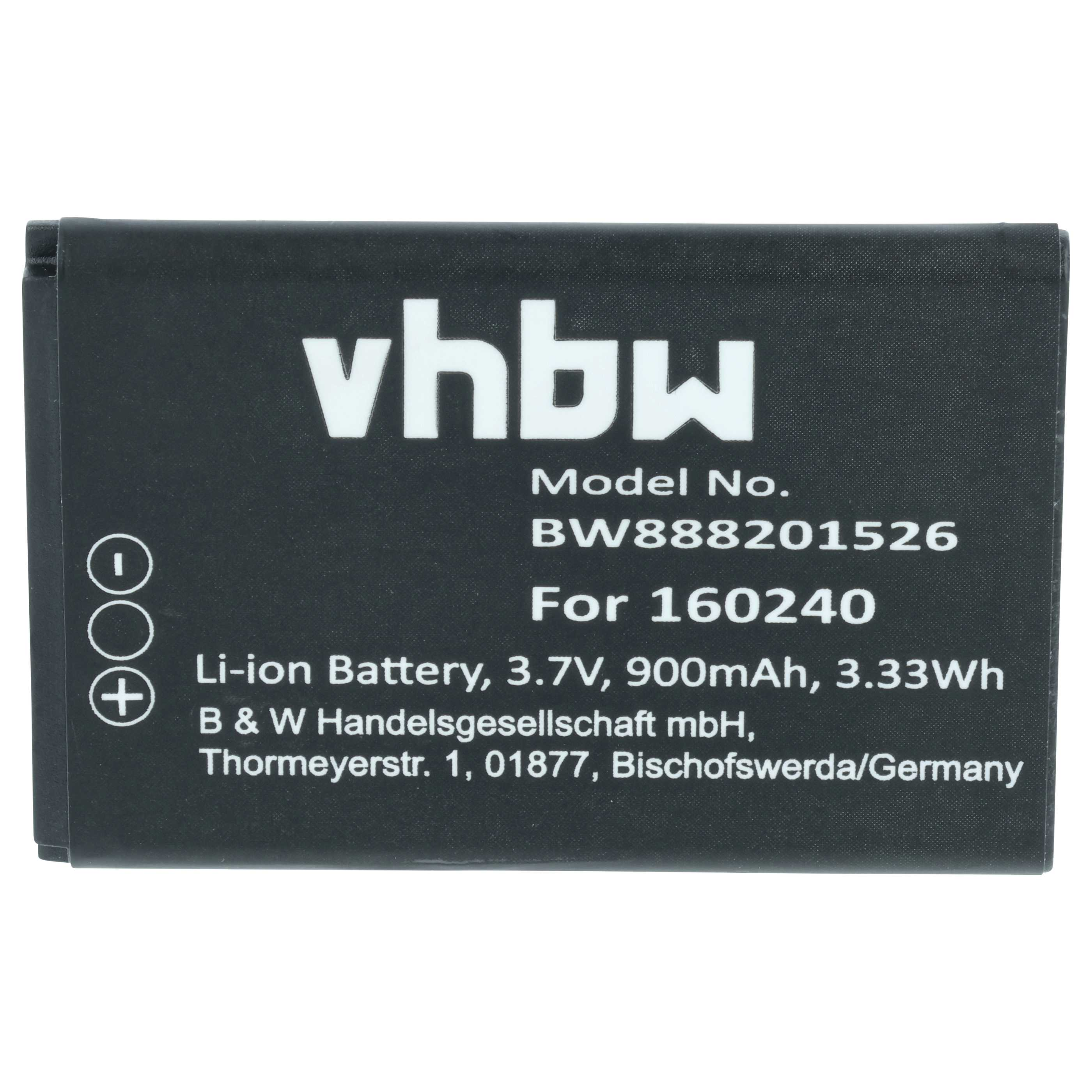 Schwarzer Akku mit weißer Schrift: vhbw, Modell BW888201526, 3.7V, 900mAh.
