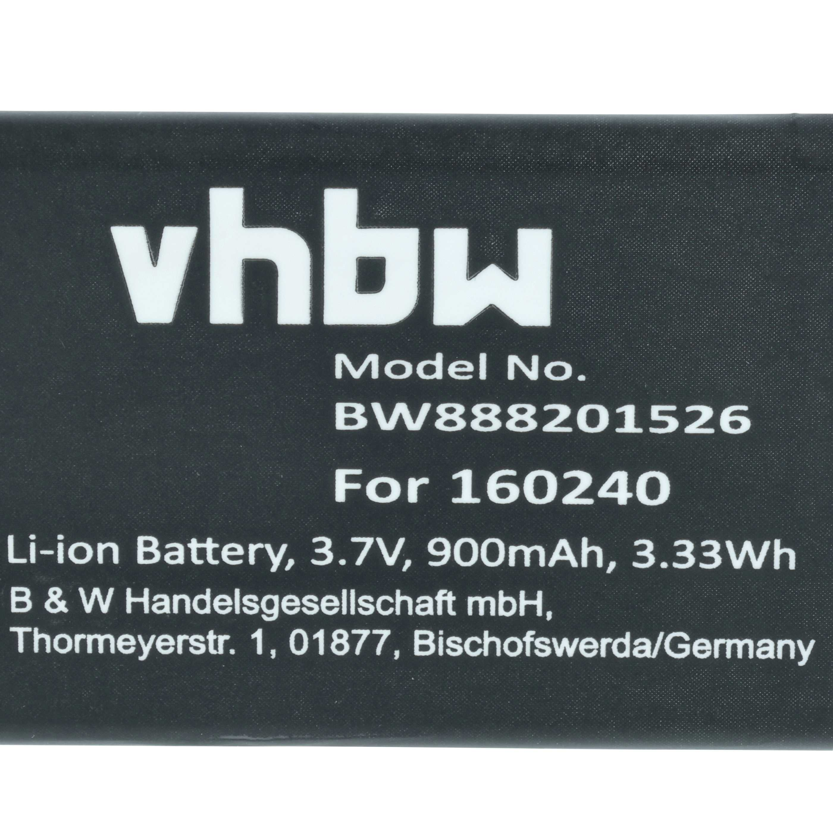 Schwarz-weiße Batterie mit Aufschriften: vhbw, Modell Nr. BW888201526, für 160240