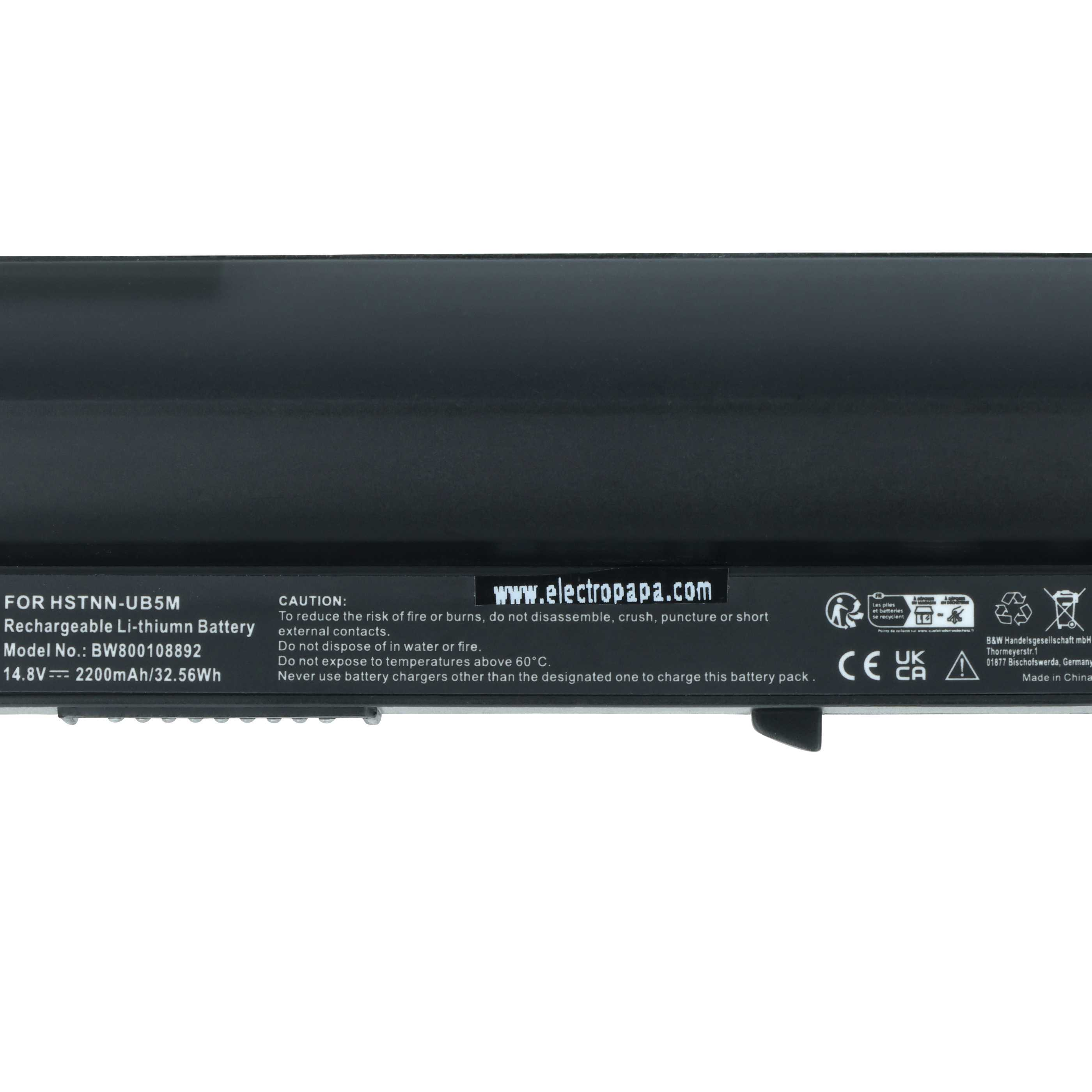 Schwarzer Laptop-Akku mit Beschriftung: HSTNN-UB5M, 14.8V, 2200mAh.