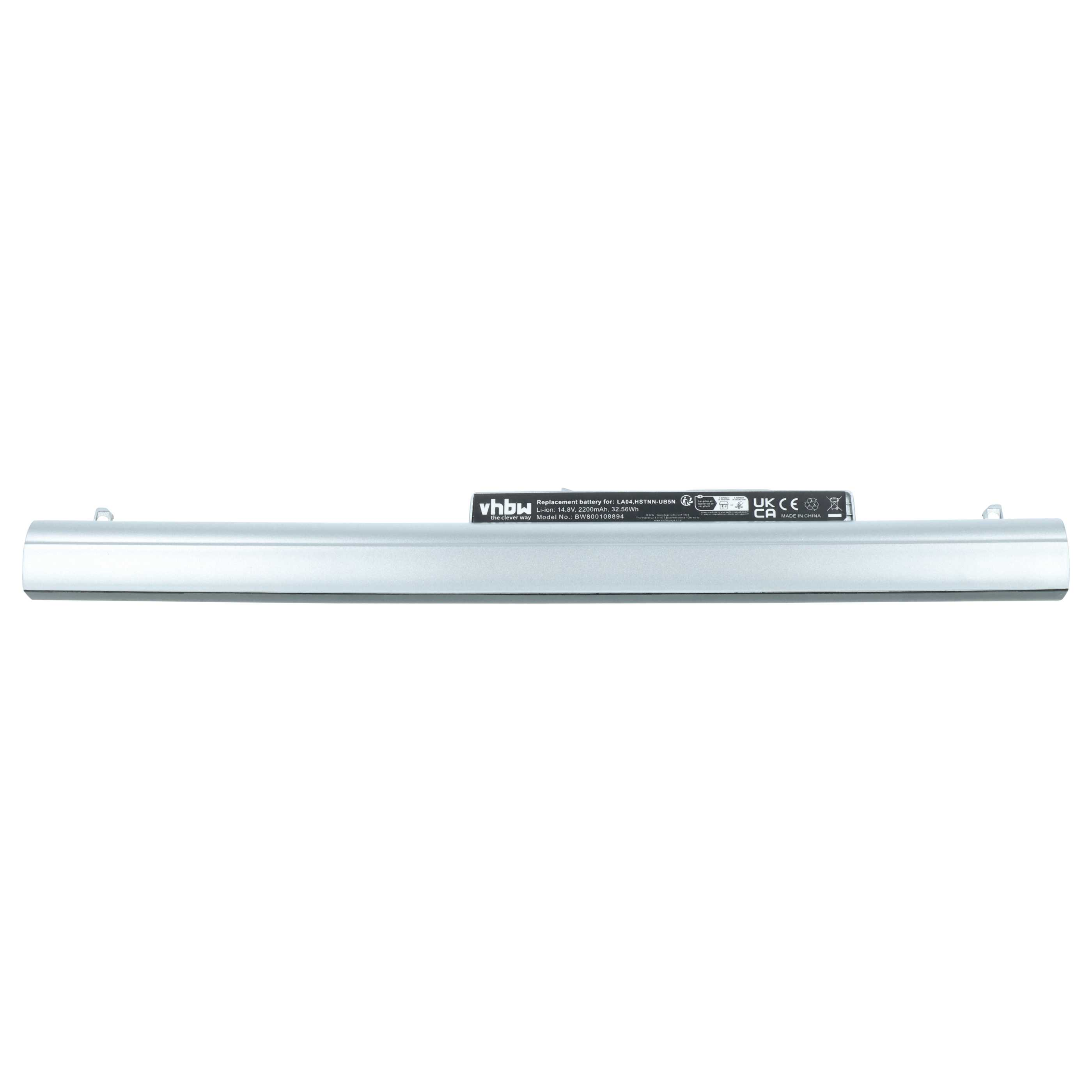 Silberner Laptop-Akku mit Beschriftung: VHbw, LA04, 14.8V, 2200mAh.