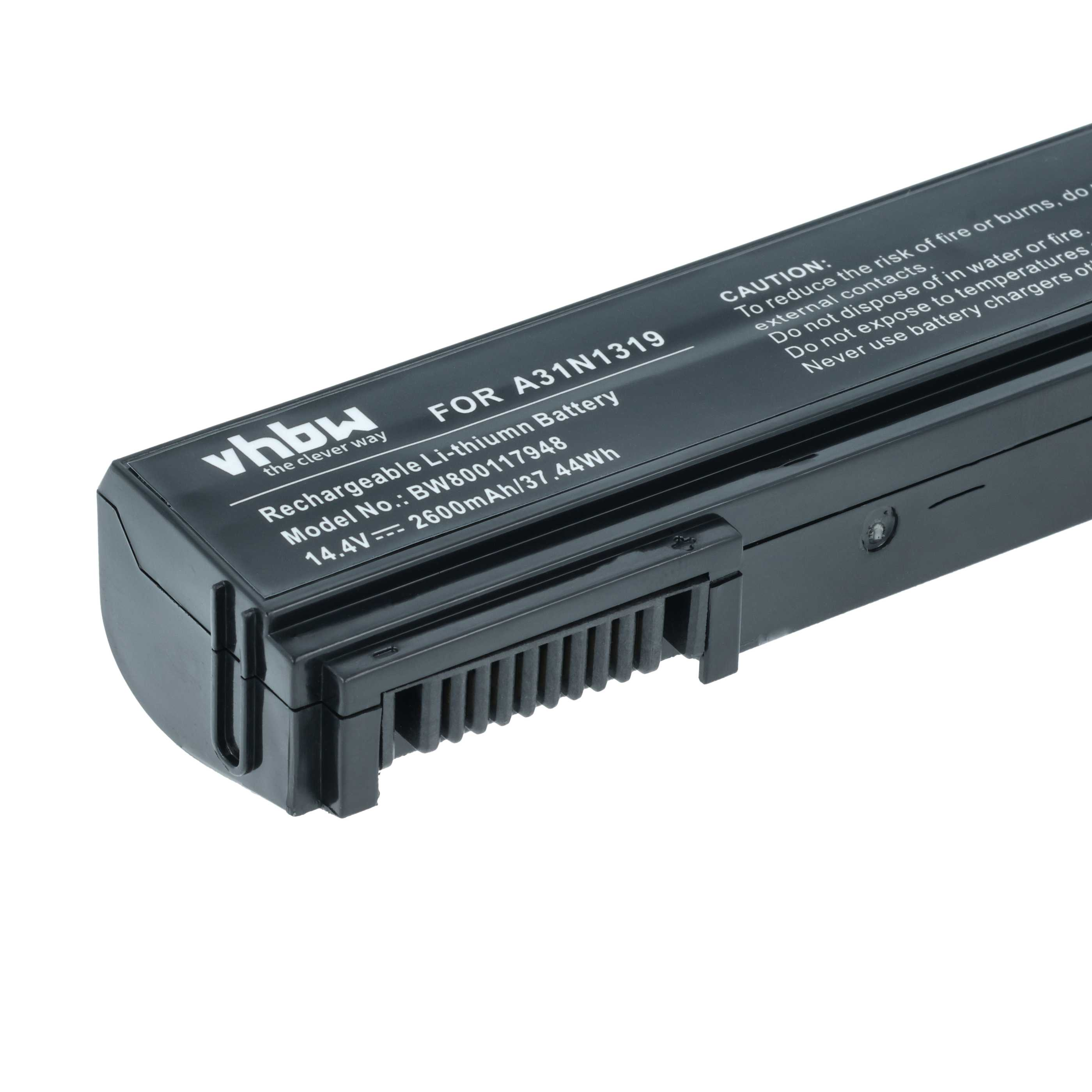 Schwarzer Laptop-Akku mit Beschriftung: vhbw, A31N1319, 14.4V, 2600mAh.