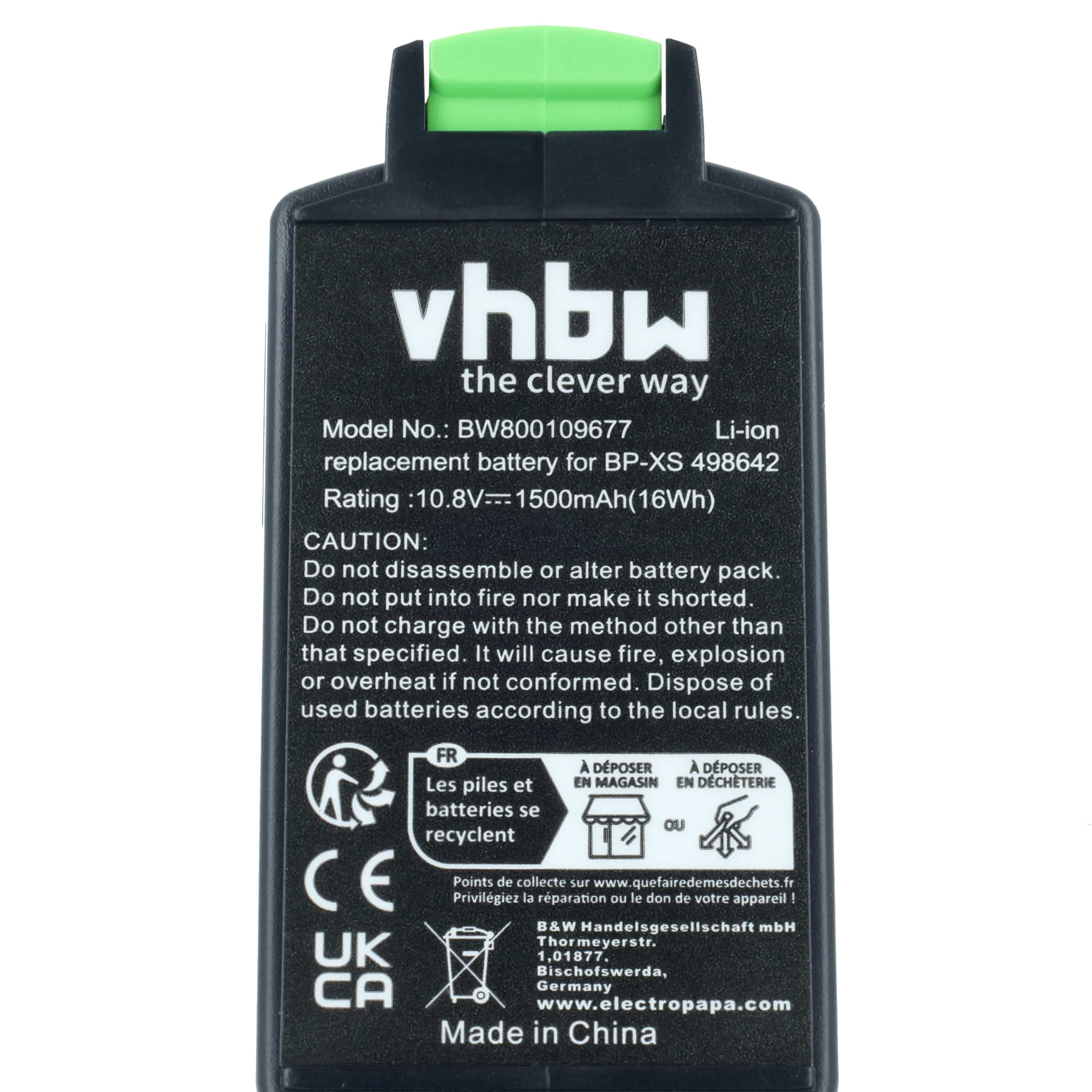Schwarzer Akku mit grüner Kappe, Modell BW800109677, 10.8V, 1500mAh.