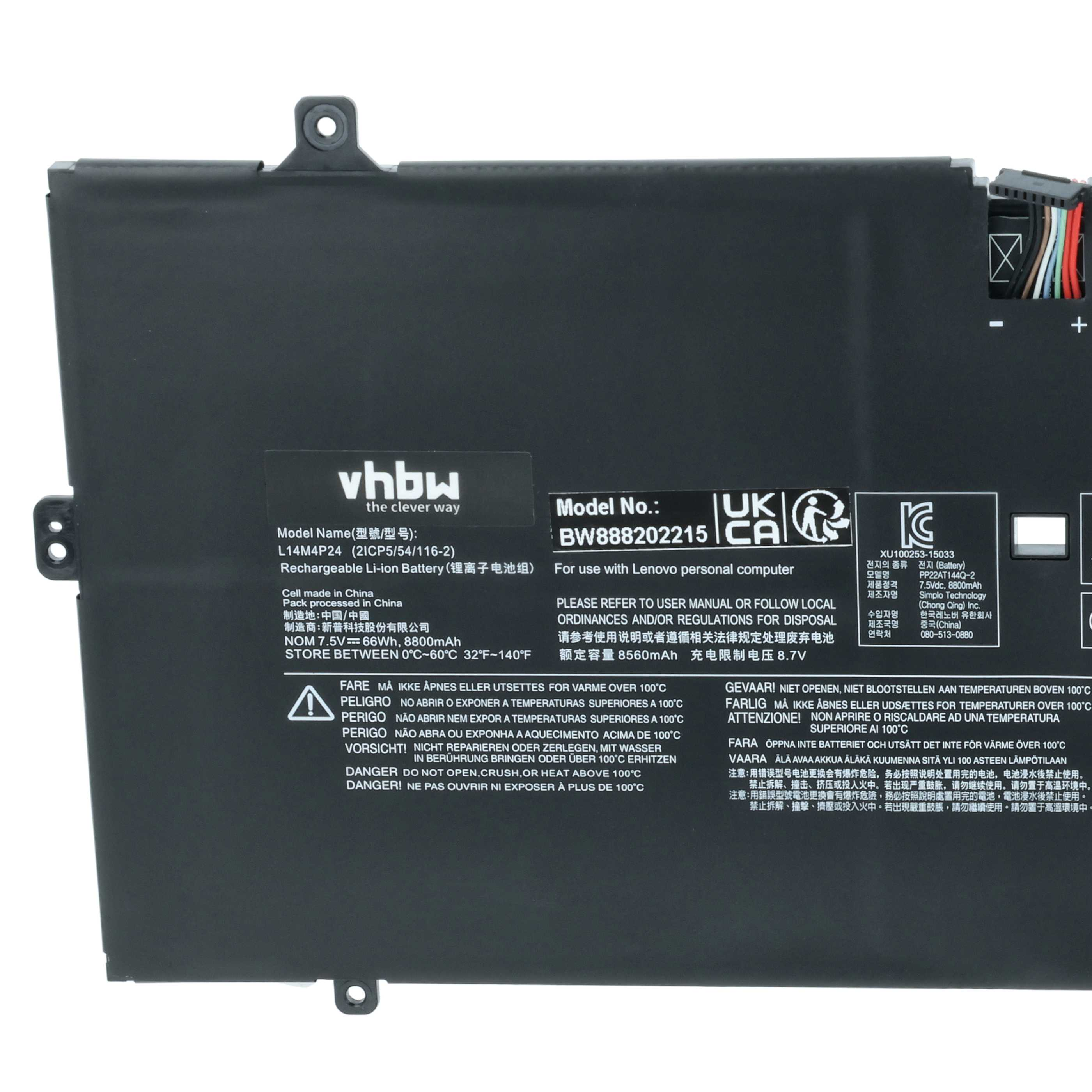 Schwarzer Laptop-Akku mit Modellnummern und Warnhinweisen.