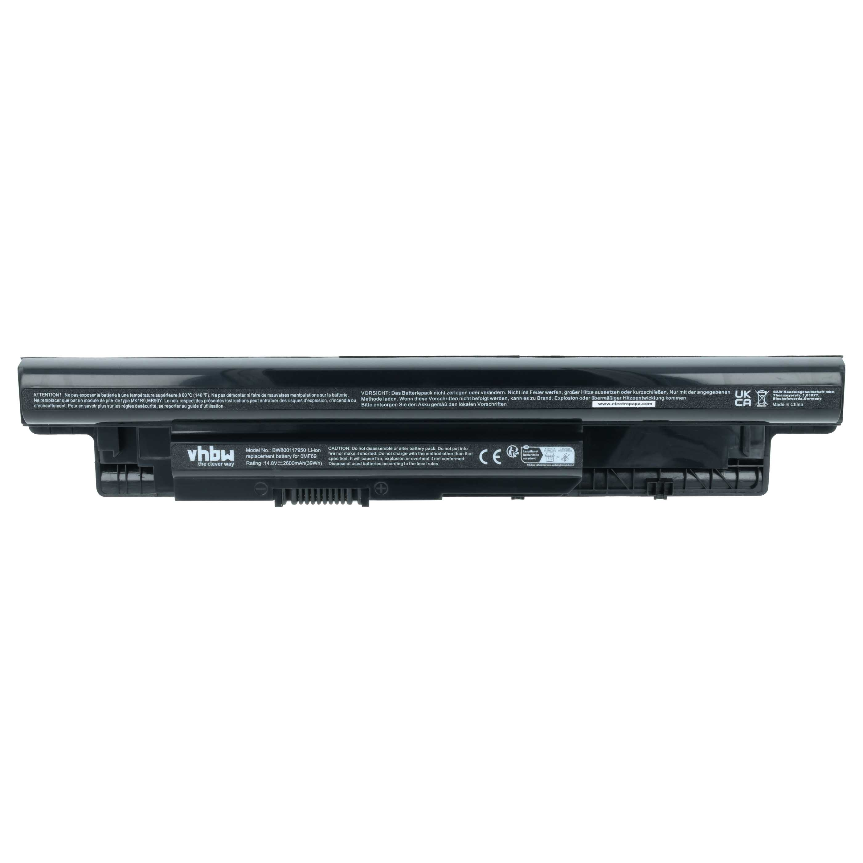 Schwarzer Laptop-Akku mit Warnhinweisen und Herstellerangaben.