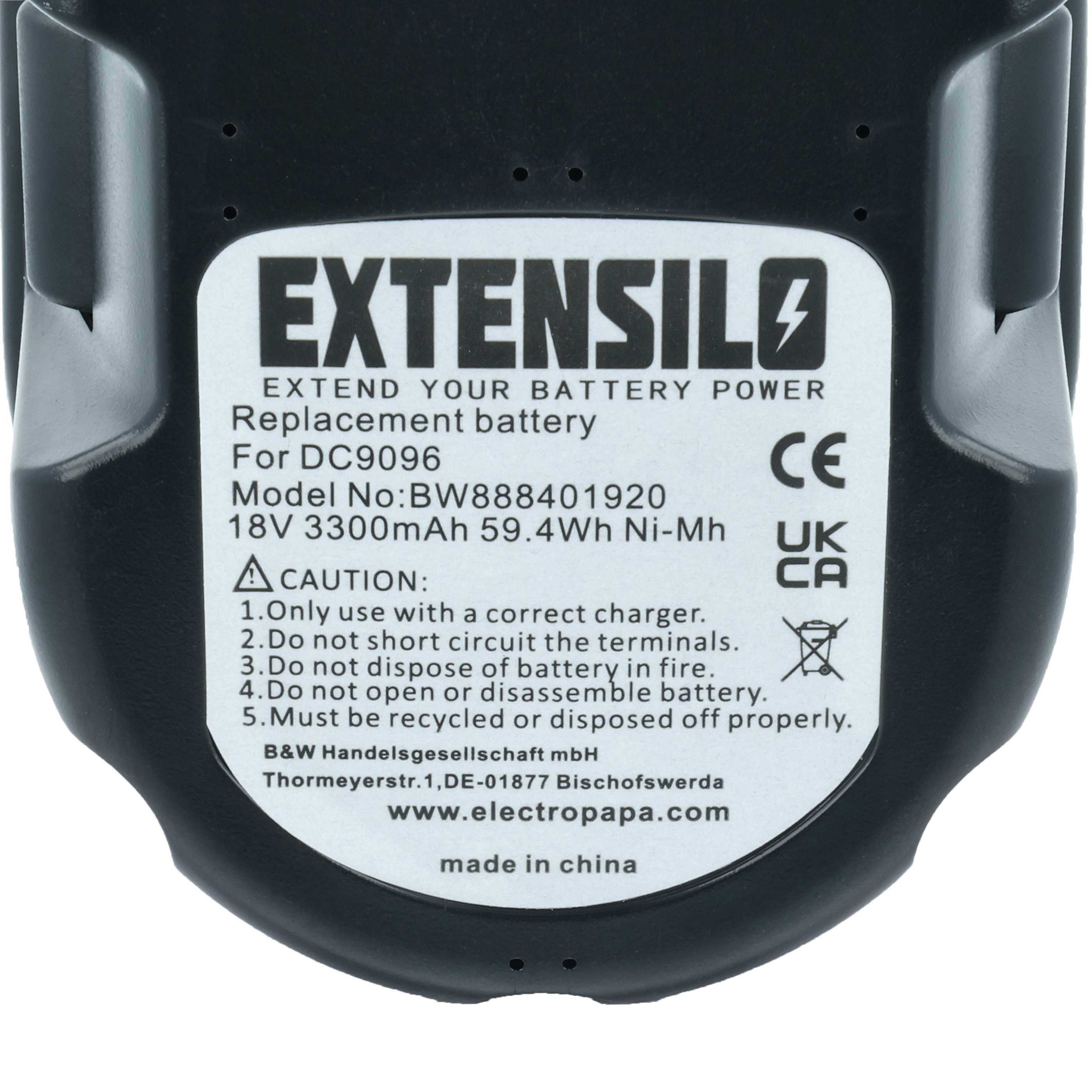Schwarzer Akku mit Etikett: EXTENSILO, 18V 3300mAh, CE, UK CA