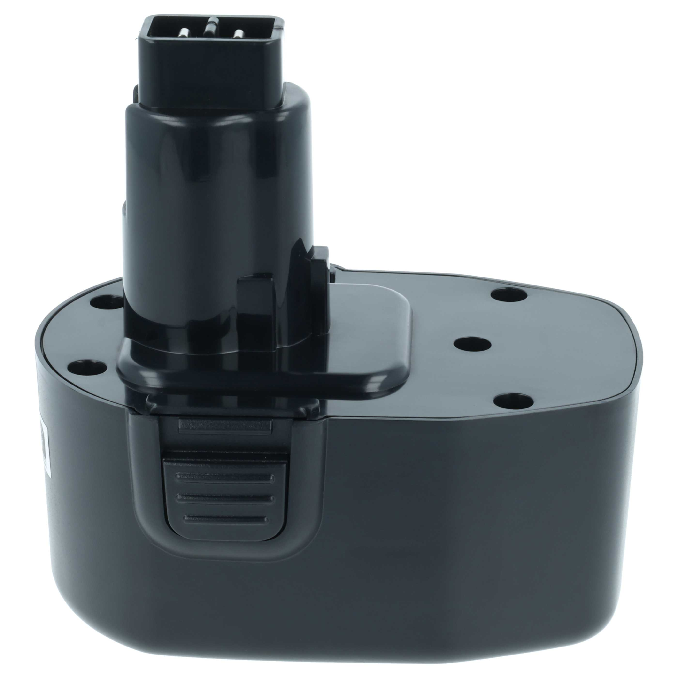 Ein schwarzer Akku mit einem Stecker oben und Rasten an der Seite.