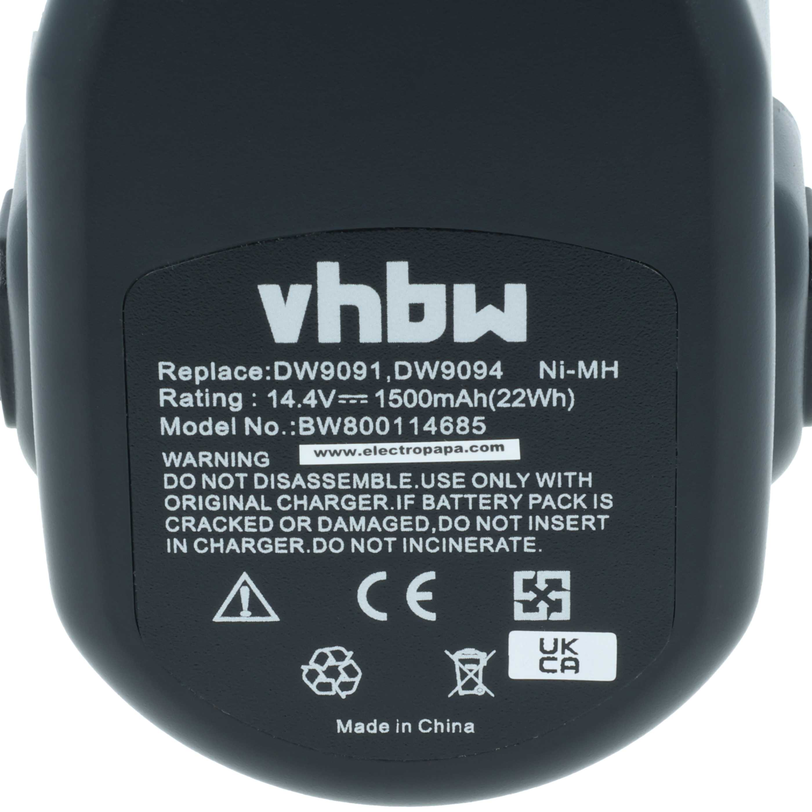 Ein schwarzer Akku mit weißen Beschriftungen: vhbw, 14,4V, 1500mAh, Made in China.